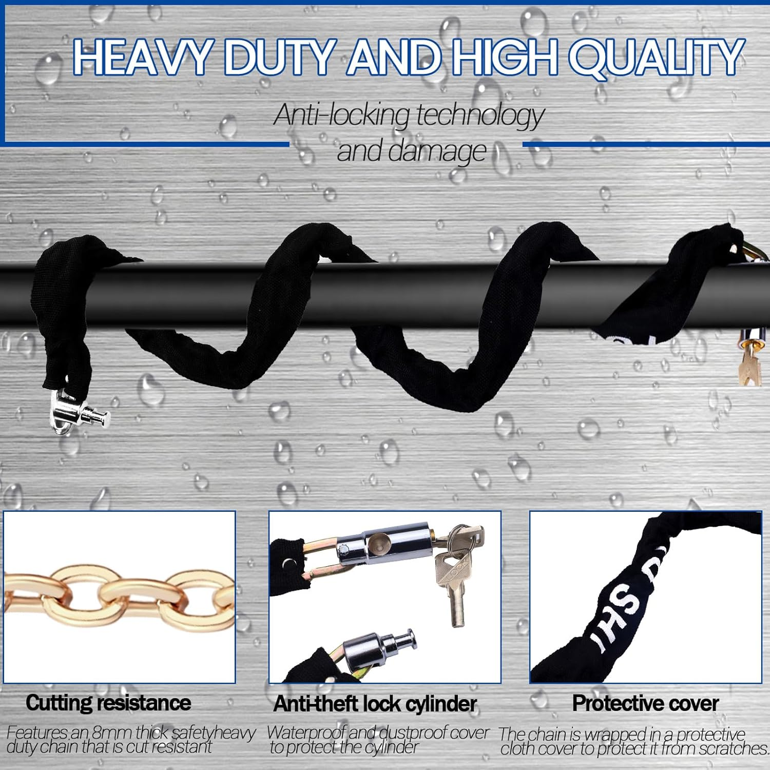 Bike Chain Lock with 2 Keys, 4.26FT Bicycle Locks Heavy Duty anti Theft, Bicycle Chain Locks, Bike Lock Chains for Motorbikes, Trucks, Iron Gates, Trolleys (Black) image number 2