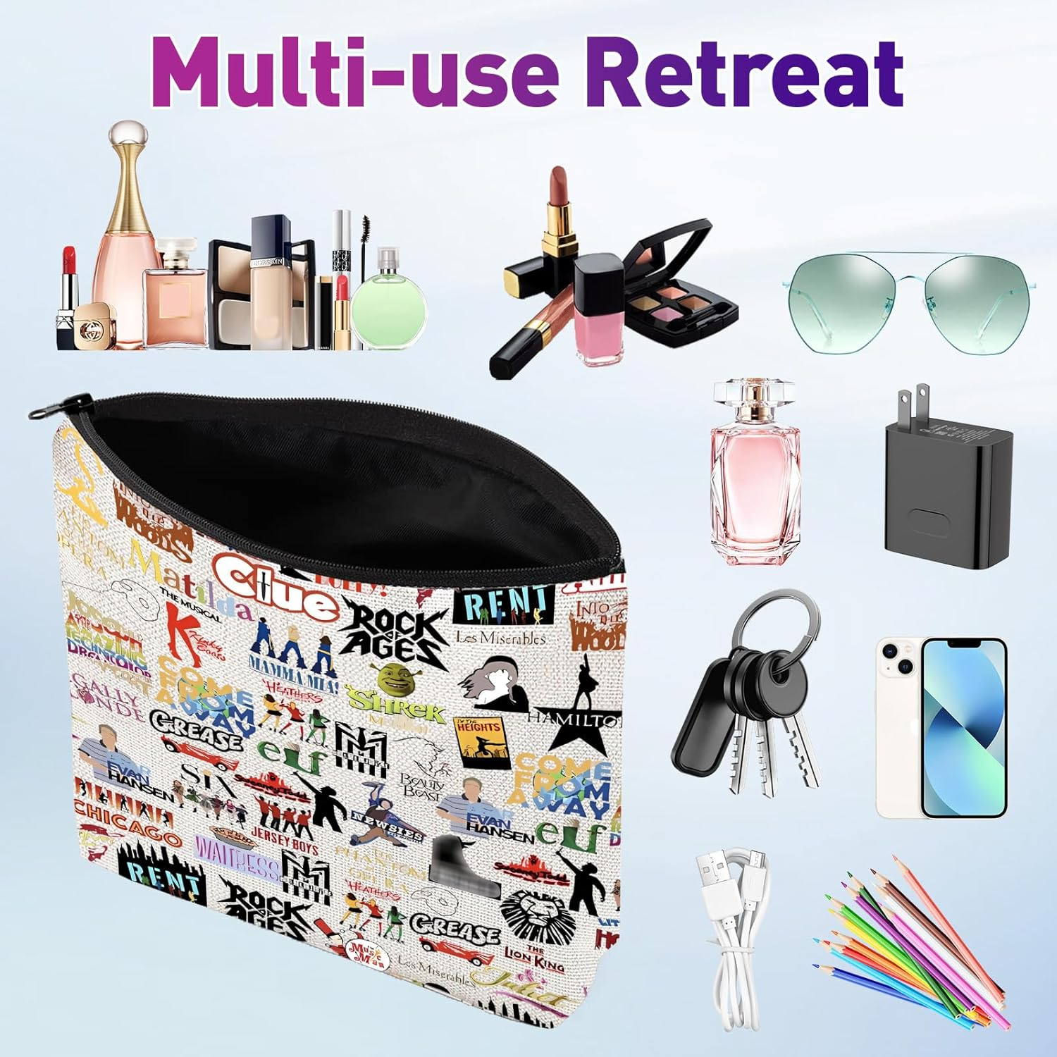 Broadway Makeup Bag Musical Theatre Gifts, Double-Sided Printing Waterproof Musical Zipper Pouch Cosmetic Bag for Women, Drama Teacher Gifts for Theatre Fans image number 1