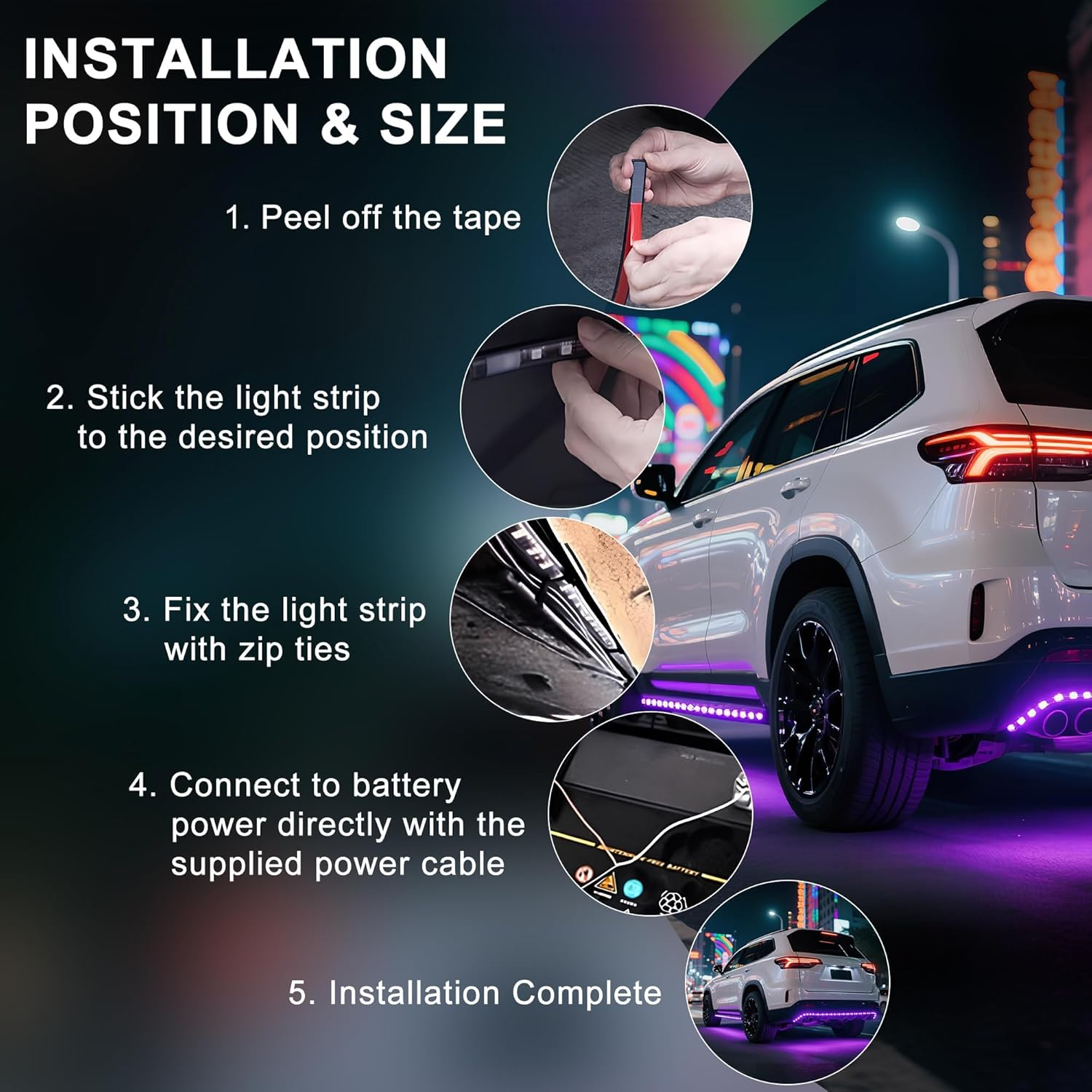 Underglow Light Strip RGB - 4PCS Car Neon Lights Kit with 252 Leds, Bluetooth APP Control, 8-Color RGB & Music Sync, Waterproof PVC Strips for Cars, Trucks, Suvs image number 4