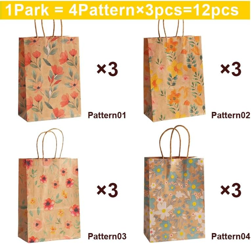 12.6''Large Kraft Gift Bags, 12Pcs Geeric Party Bag Printing Flower, Gift Wrapping Bags with Handles, Candy Treat Bag, Paper Bags Bulk for Wedding,Thanksgiving Day, Flower Pattern Party Supplies (4 STYLES FLOWERS&times;3 15&times;21&times;8Cm) image number 5