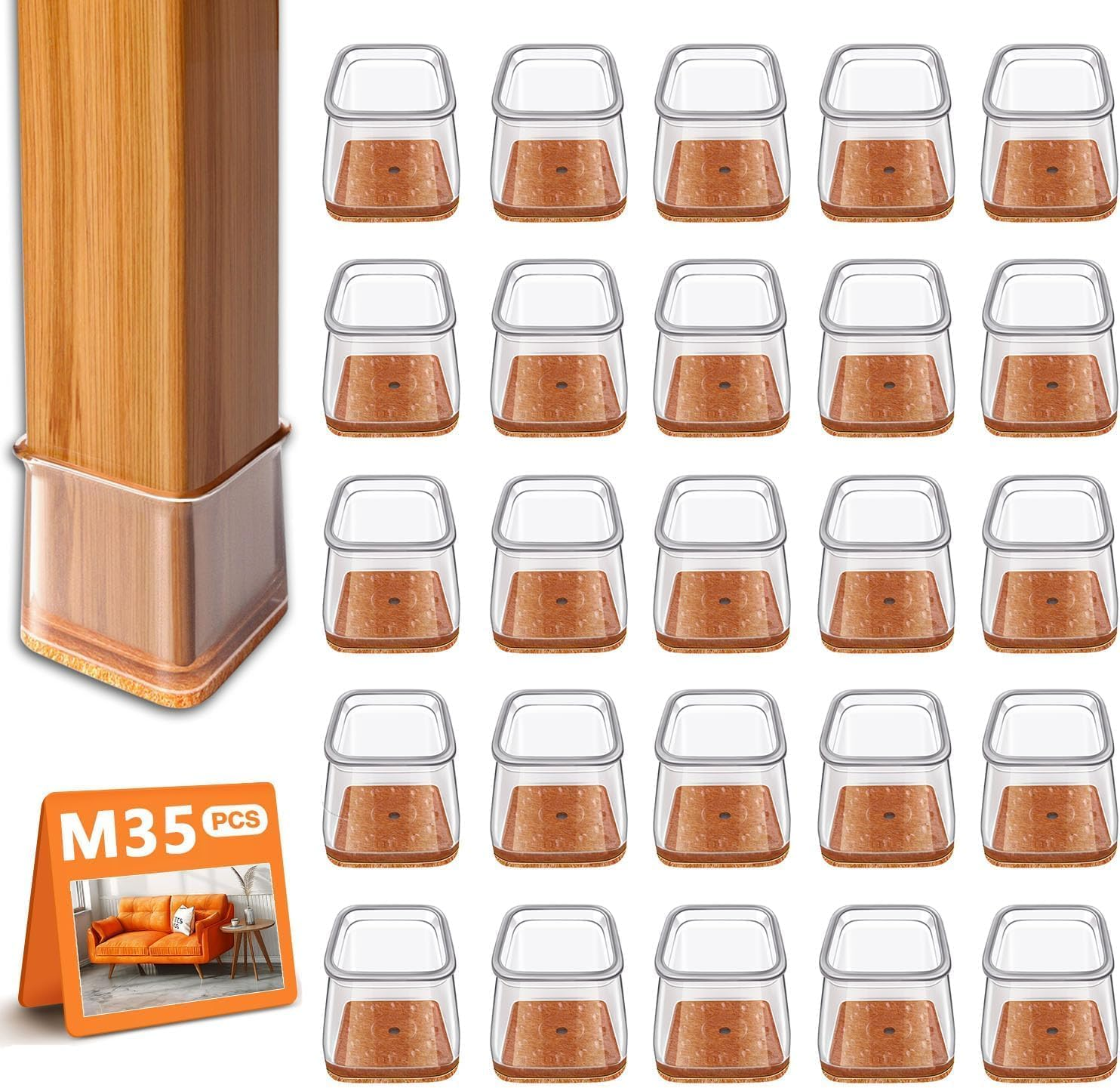 RUSIDO Pack of 35 Square Chair Leg Caps (For Side Length: 26-40 Mm), Clear Chair Leg Protectors, Chair Gliders, Silicone Protective Caps for Chair Legs, Felt Glides for Wooden Floors, Floor From