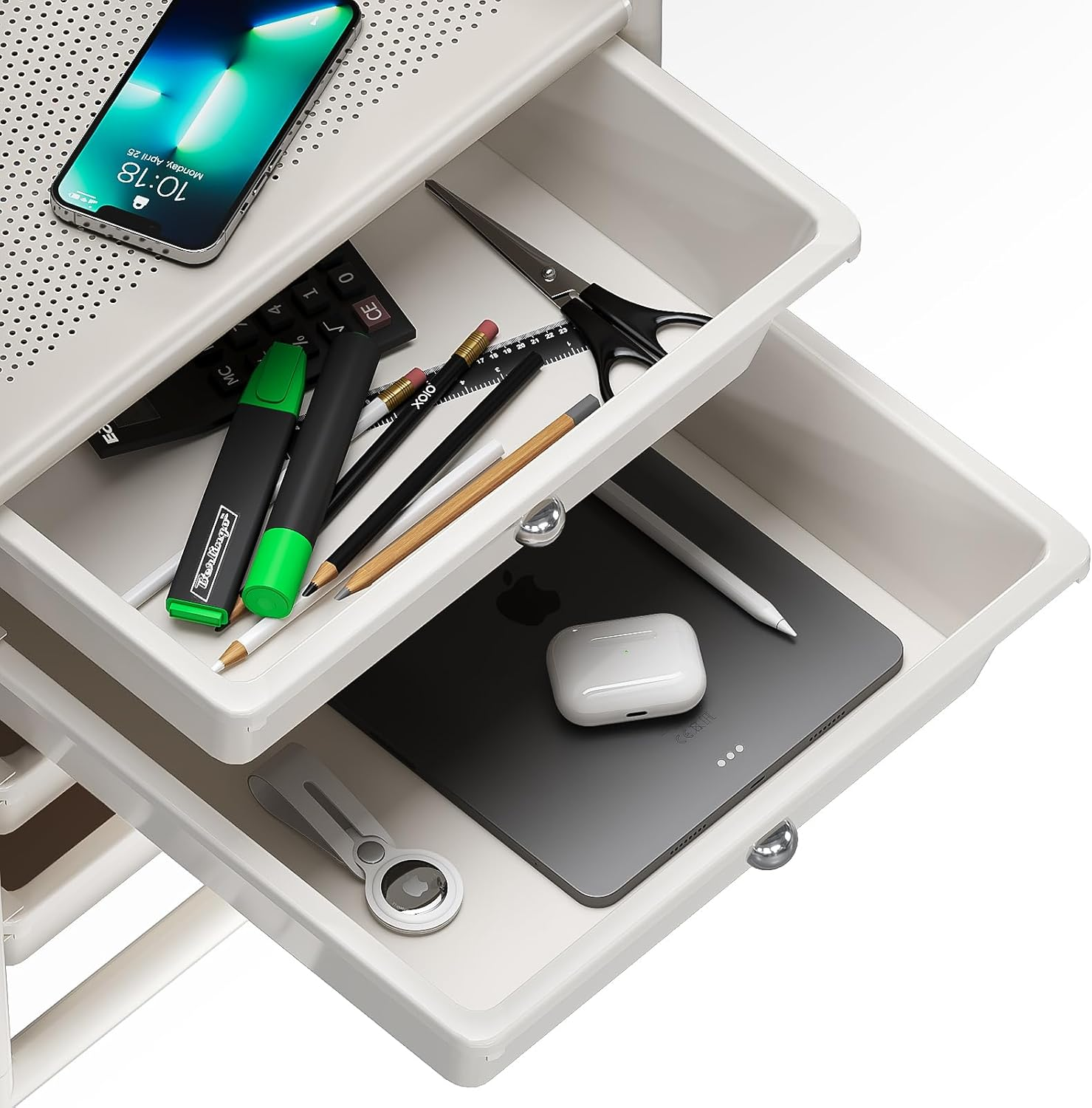 Shrivee 4-Tier Rolling Drawer Trolley with 2 Lockable Wheels, Sturdy Utility Storage Cart for Kitchen Bathroom Office, Ivory White image number 3