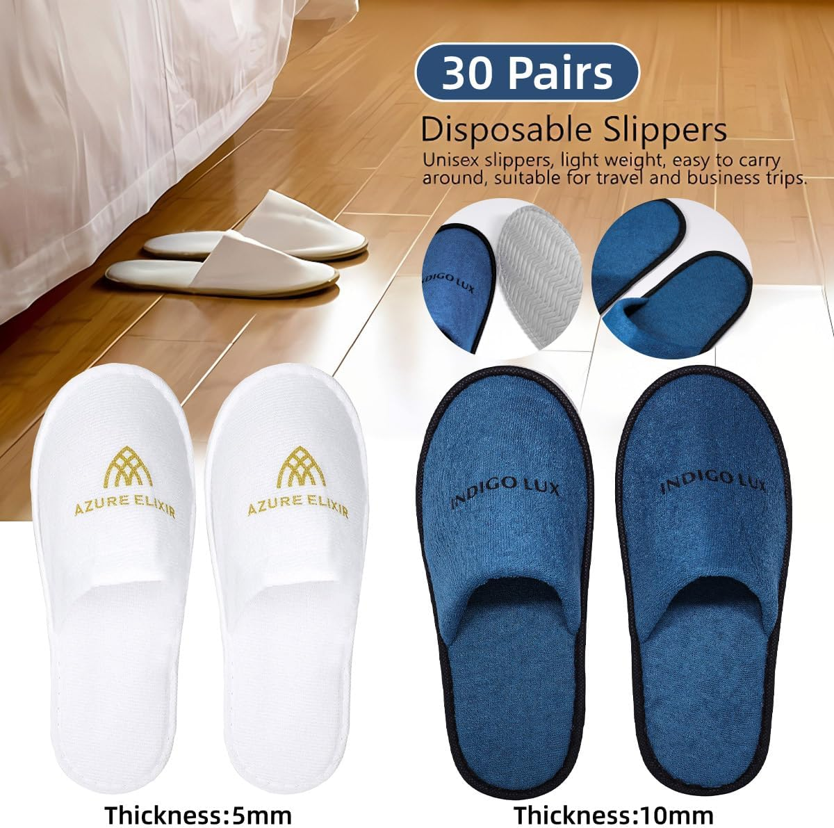AIMALL 30 Pairs Disposable Hospitality Slippers for Hotels, Guesthouses & Home Use, Lightweight Non-Slip Unisex Design with Two Thickness Options, 10.7 X 27.7 Cm & 11.4 X 29 Cm - White image number 2