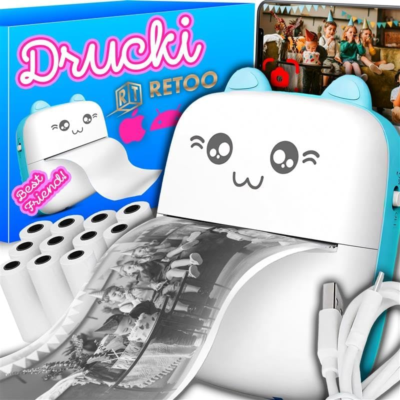 Retoo Mini Printer with 11 Rolls Printer Paper, Mobile Photo Printer, Portable Mini Photo Printer, Wireless Photo Printer, Thermal Printer, Smartphone Bluetooth Printer for List Journal