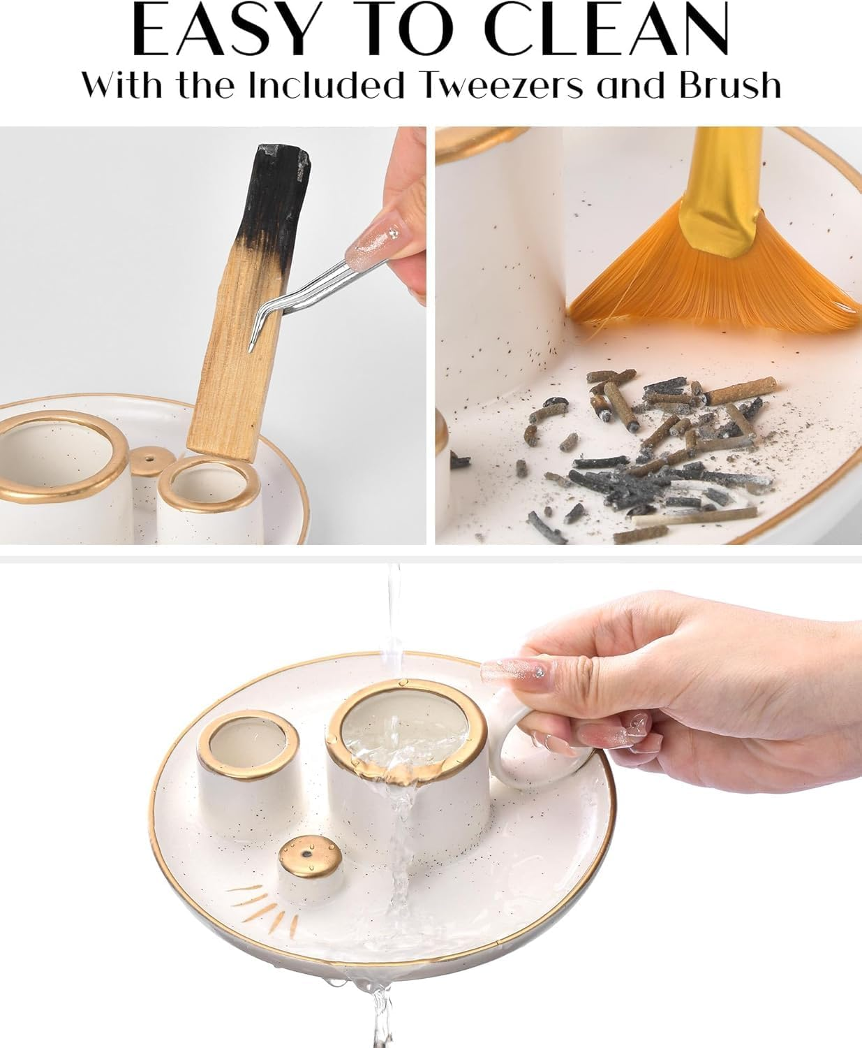 LIGHUFEIC Incense Holder,4-In-1 Palo Santo & Sage Incense Holder,5.9" Ceramic Burner with Handle, Ash Catcher Tray & White Candle Holder - for Meditation, Home Decor & Zen Gifts. image number 4