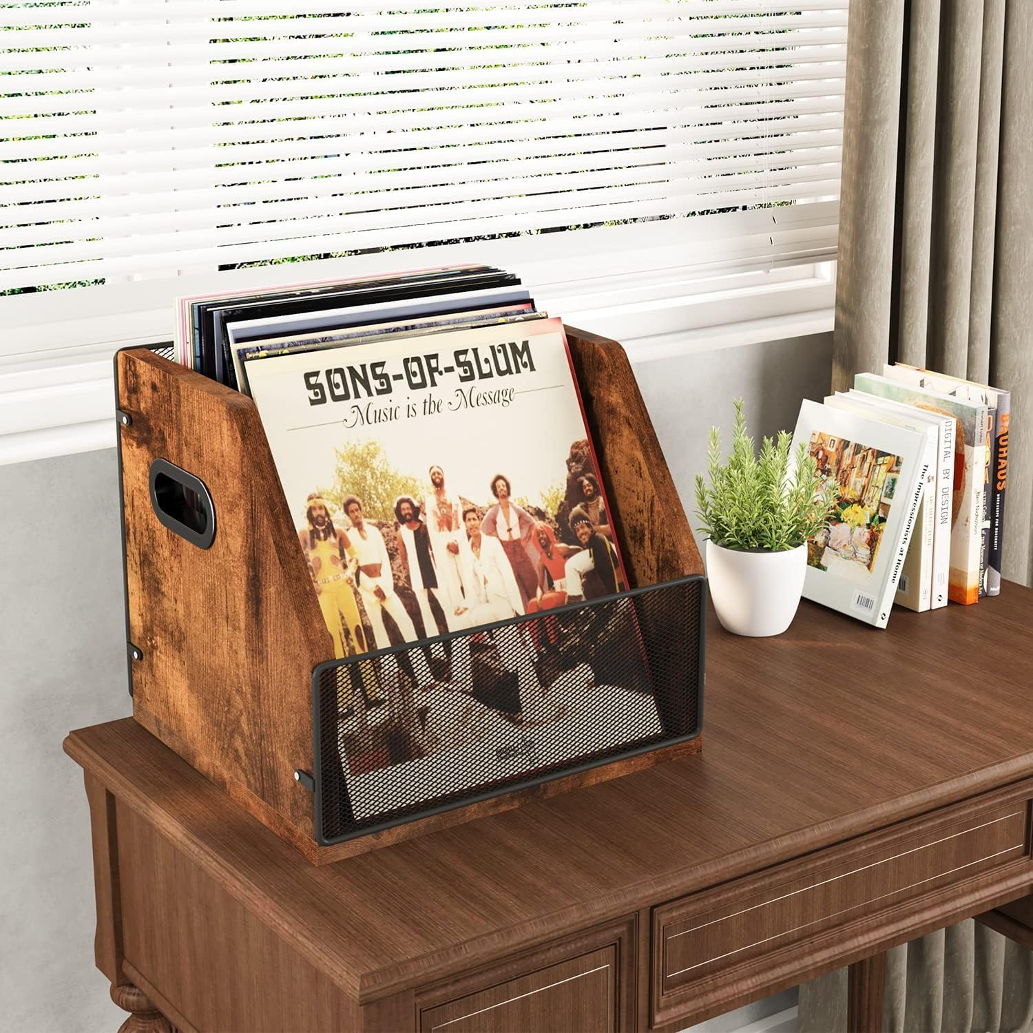 Vinyl Record Storage Crate - LP Album Holder Holds 60+ Records - Metal & Wood Record Box - Organize Your Vinyl Collection
