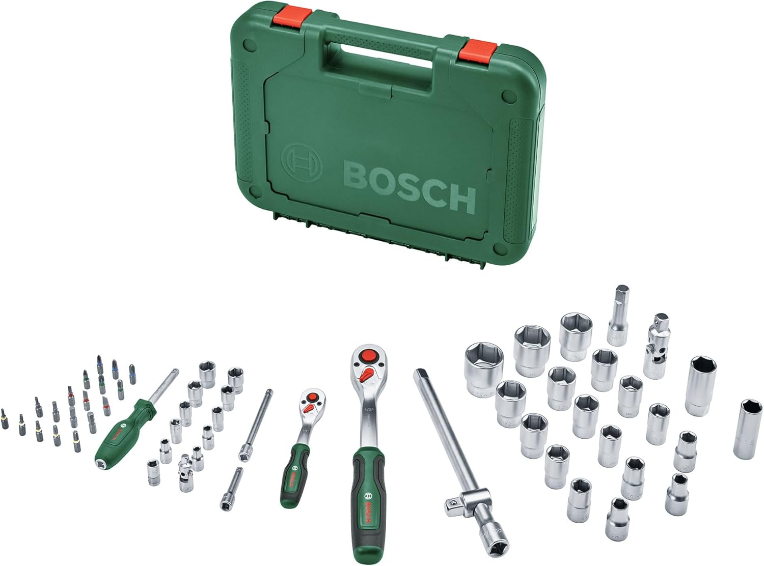 Bosch 1/4" + 1/2" Ratchet Set 57-Piece (Two Powerful Ratchets for Multiple DIY; 55X Accessories; High Torque; Lock Button; Direction Switch; Curved Neck; Softgrip; Carrying Case) image number 1
