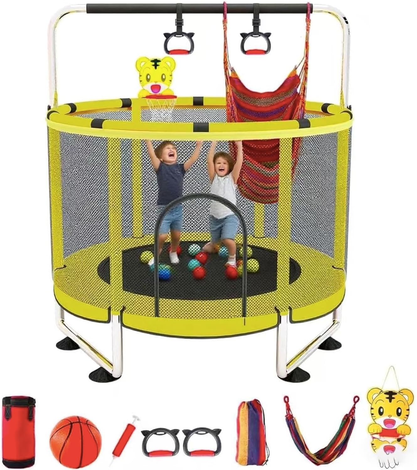 60" Trampoline for Kids with Enclosure, 440Lbs Capacity Indoor & Outdoor Toddler Trampoline with Adjustable Gymnastics Bar & Toys, for Boys & Girls (Yellow, 60In) image number 1