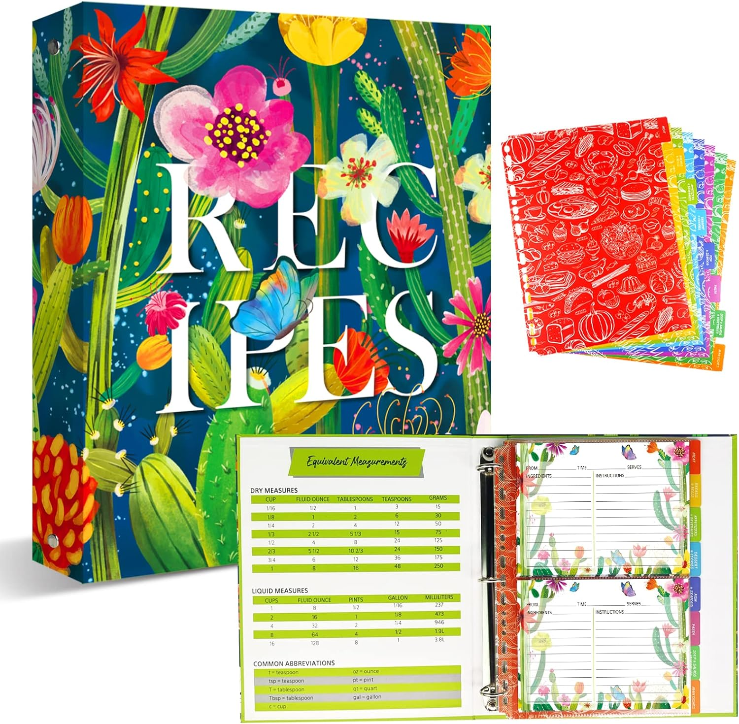Recipe Binder, 8.5 X 11 Inch 3 Ring Recipe Binder Kit with 50 Plastic Sleeves Protectors, 100 Packs 5X7 Inch Recipe Cards & 8 Category Divider Tabs, Organizer Set Watercolor Floral in Blue Design (XL)