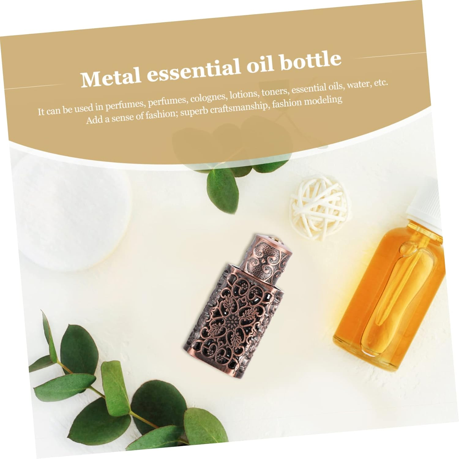 Perfume Bottle Metal Glass Hollow Flower Design Travel Spray Bottle for Essential Oil and Cosmetic Use - Golden image number 5