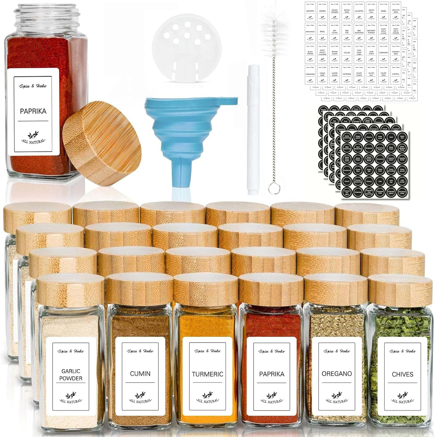 24 Pieces Glass Spice Jars Set with Bamboo Lids, Seasoning Containers for Spice Rack Kitchen Organizers and Storage