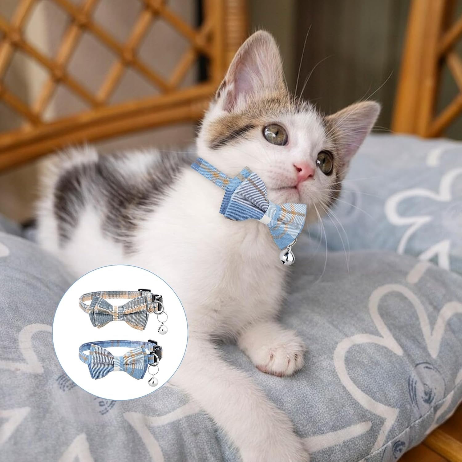 Pack of 2 Cat Collars with Bow Tie and Bell, Personalised Cat Collar, Removable Cat Collars, Adjustable Cute Collars, Quick Release Safety Collars for Cats Pets image number 1