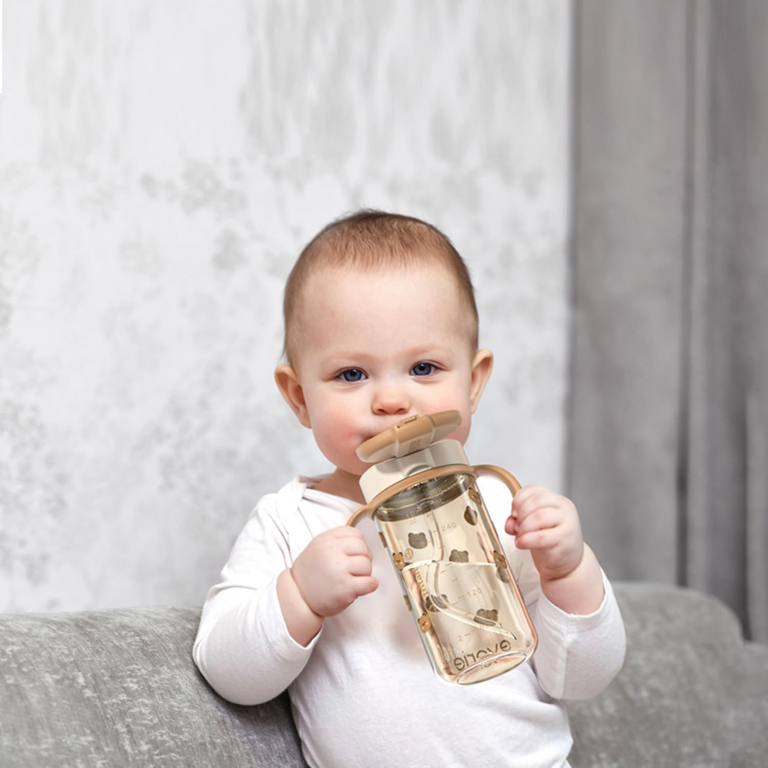 Evorie Tritan Toddler Sippy Cup with Silicone Straw, Spill-Proof Straw Water Bottle for Kids 1-2 Years Old, 300Ml 10 Oz, Removable Handles, Ideal for School (Honey Bear) image number 3