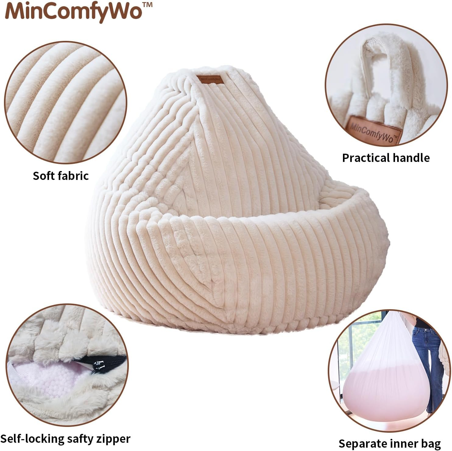 Mincomfywo Large Bean Bag Chair Cover (No Filler)- Stuffable Soft Beanbag Cover, Adults Lounge Gaming Lazy Sofa Bed for Living Room Bedroom (XL, Beige) image number 2