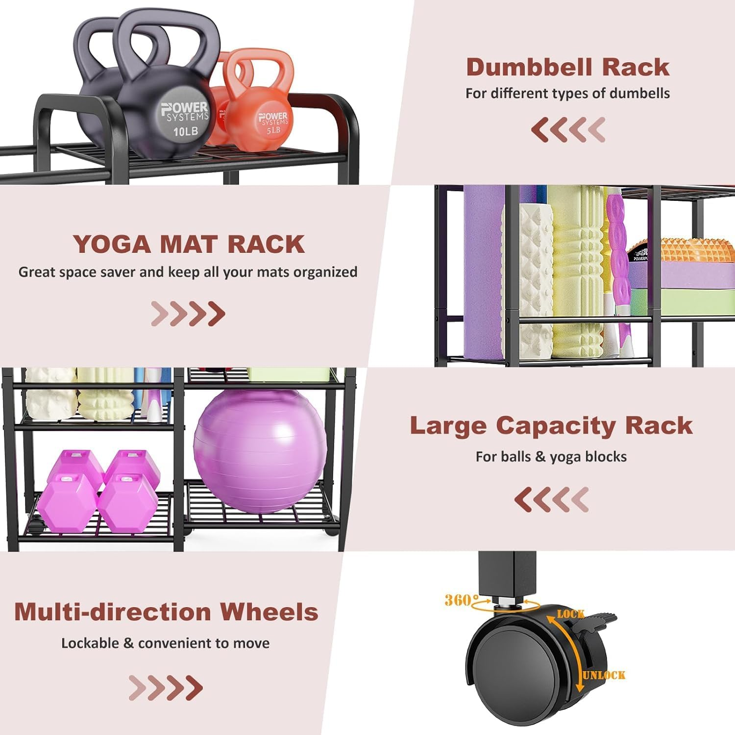 Yoga Mat Storage Rack Yoga Mat Holder Home Gym Equipment Workout Equipment Storage Organizer for Yoga Block,Foam Roller,Resistance Band,Dumbbell,Kettlebel image number 1