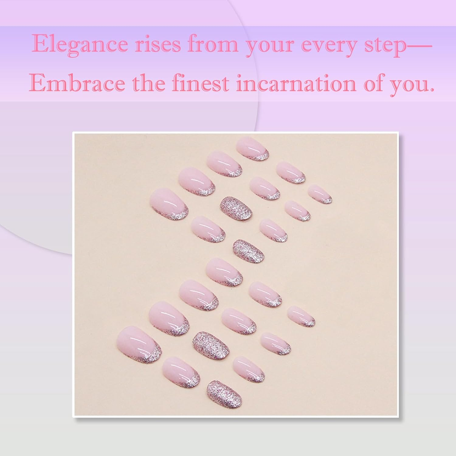 24 Pcs Short Glitter-Pink Press-On Nails, Glossy French Tip False Nails &ndash; 12 Sizes Custom Fit, Durable Abs/Acrylic, Adhesive Tabs Included, DIY Manicure Set for Women & Girls - Frosted Glass image number 6