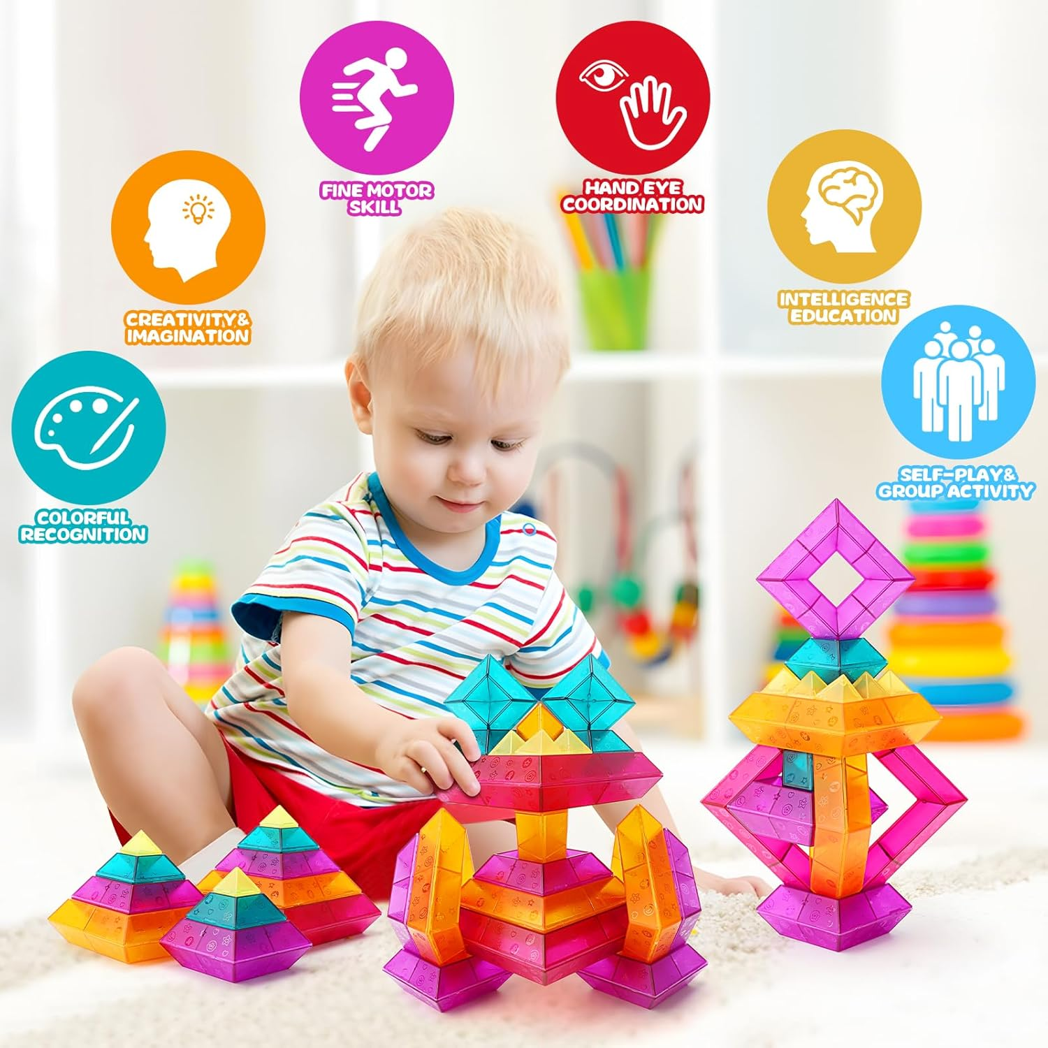 Building Block Sets for Kids Baby, 30 Pcs Stacking Blocks Toys, STEM Preschool Learning Activities Educational Light Table Toys Gifts for Toddlers Age 18M+. image number 4