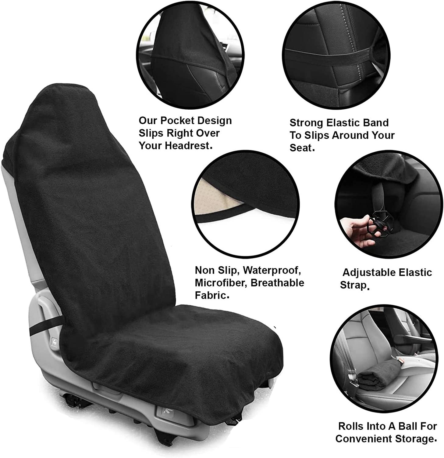 VIYNRAN Waterproof Car Seat Cover, Universal Front Seat Cover Made of Durable Sweat Towel,Absorbent Sweat, Machine Washable, Non-Slip, Single Seat Protector with Elastic Cords for All Car image number 3