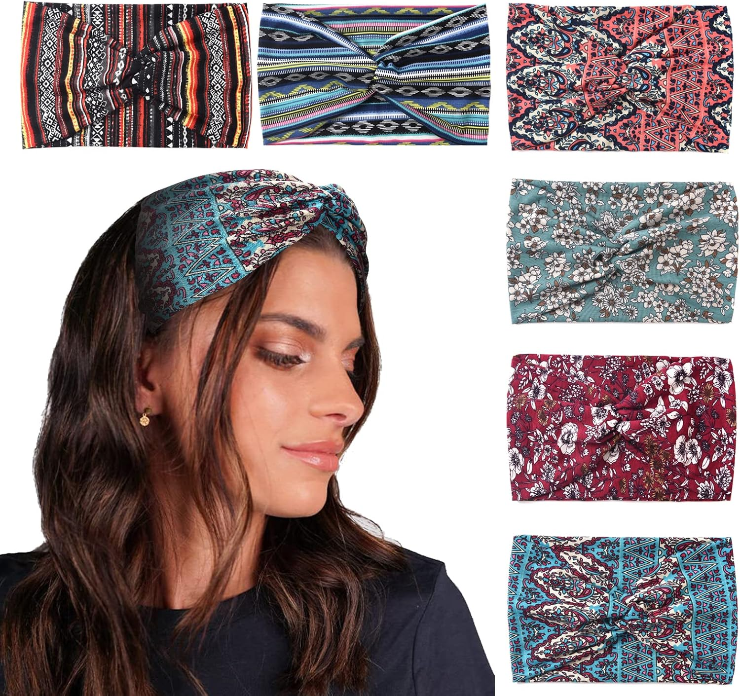 Carede Wide African Headbands for Women Boho Twist Head Bands Elastic Turban Headwraps for Lady Yoga Sports Workout Stretchy Hairband,Pack of 8