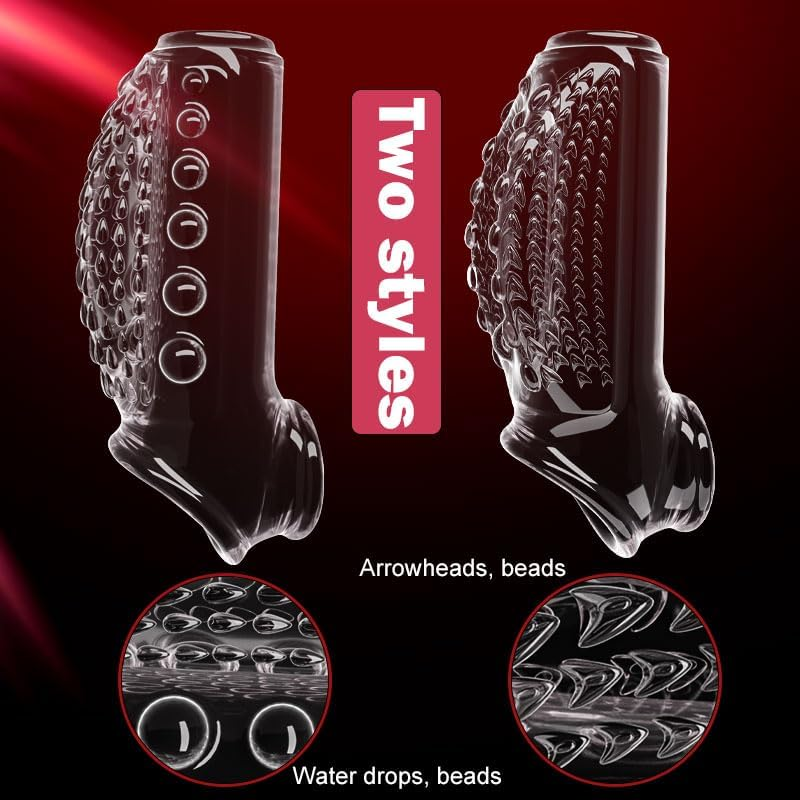 2PCS Penis Sleeve Cock Ring Extender Cock Enlarger Condom Sheath Delay Ejaculation Toys Men Couple,Clitoral Stimulation Sex Toys for Men（Titan Transparent+Black）
