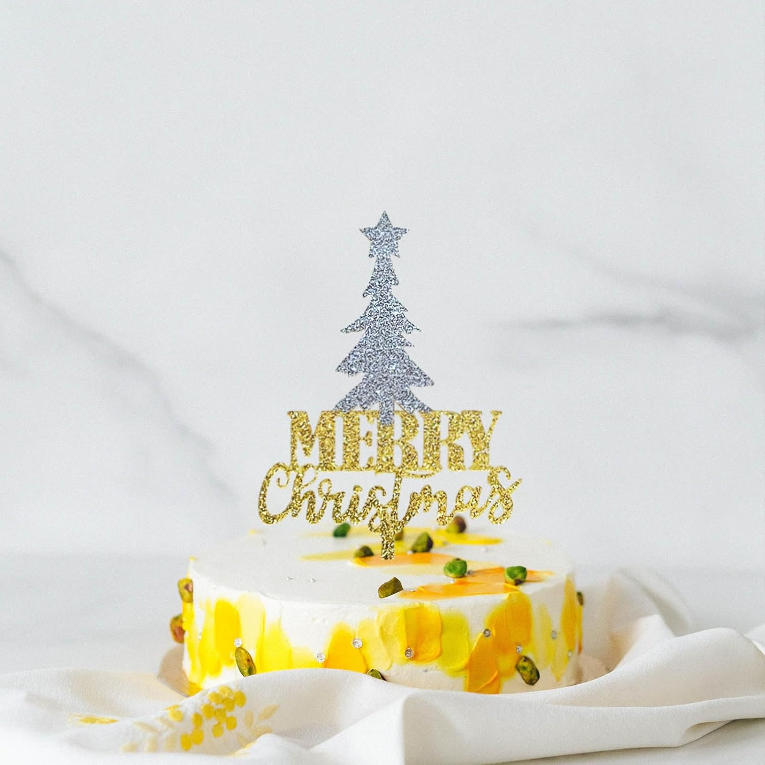 Merry Christmas Cake Topper, Gold Glitter Acrylic Christmas Tree Cake Picks for Christmas Winter Happy New Year Party Supply Decoration image number 5