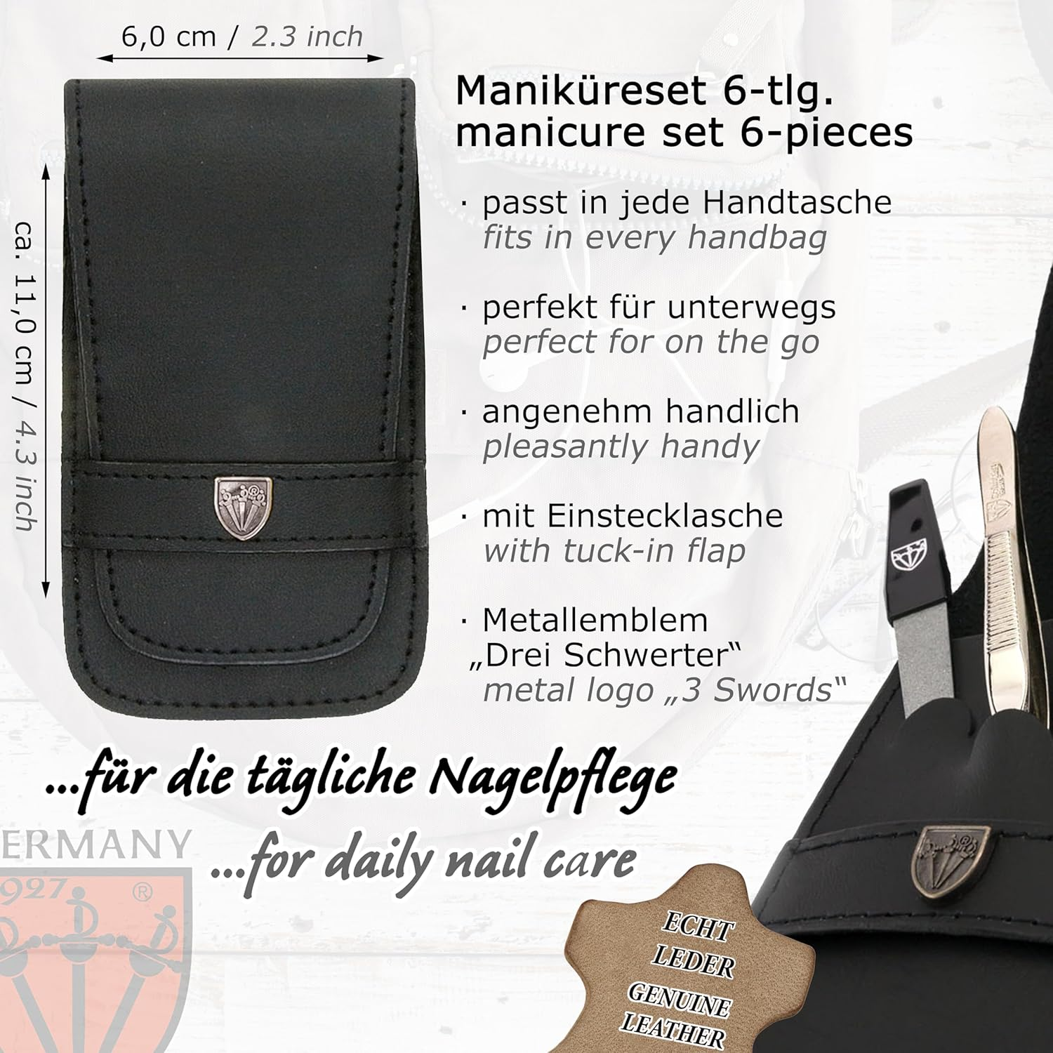 3 Swords Germany - Brand Quality 5 Piece Manicure Pedicure Grooming Kit Set for Professional Finger & Toe Nail Care Scissors Clipper Genuine Leather Case in Gift Box, Made in Solingen Germany (71103) image number 5