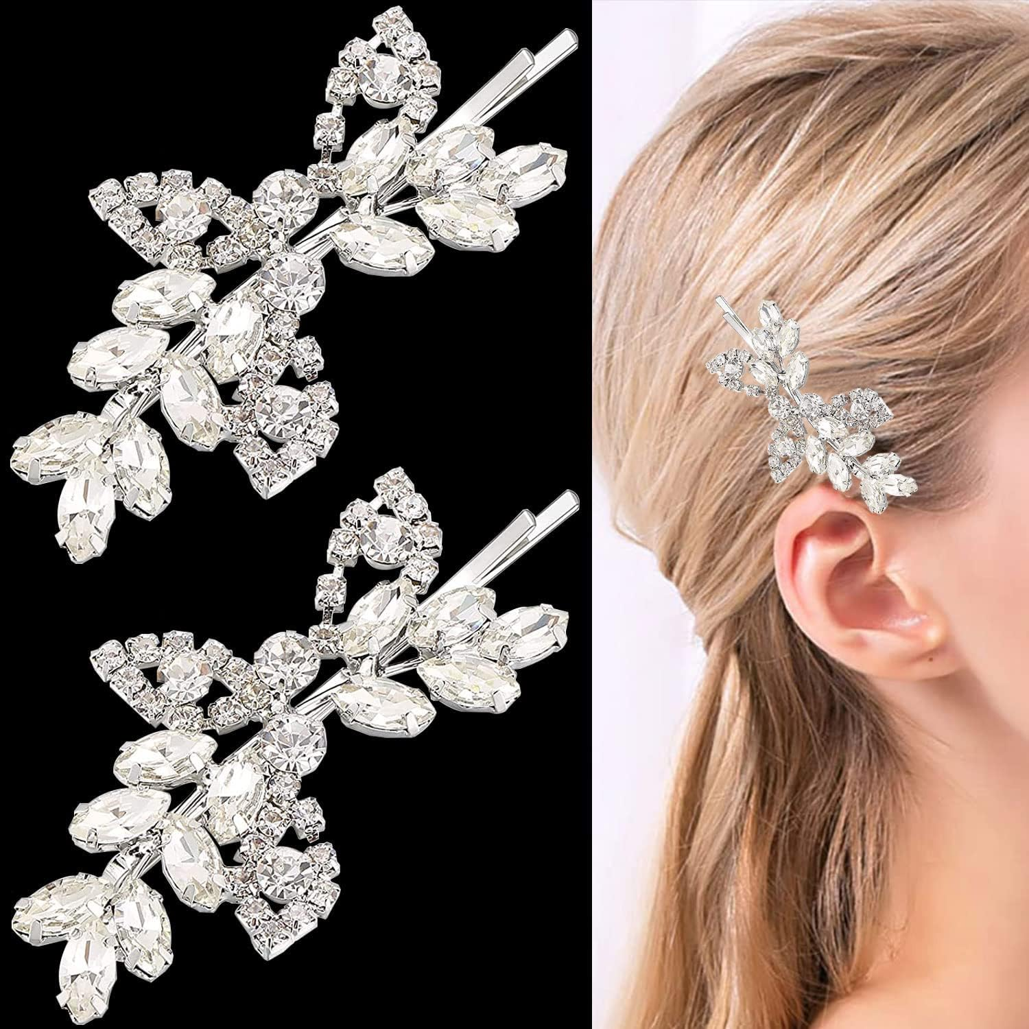 2 Pieces Rhinestone Bridal Hair Clips Leaf Bridal Wedding Hair Pins Crystal Hair Clips Silver Rhinestone Jewelry Barrette for Brides Bridesmaids Flower Girls (Rose Gold)