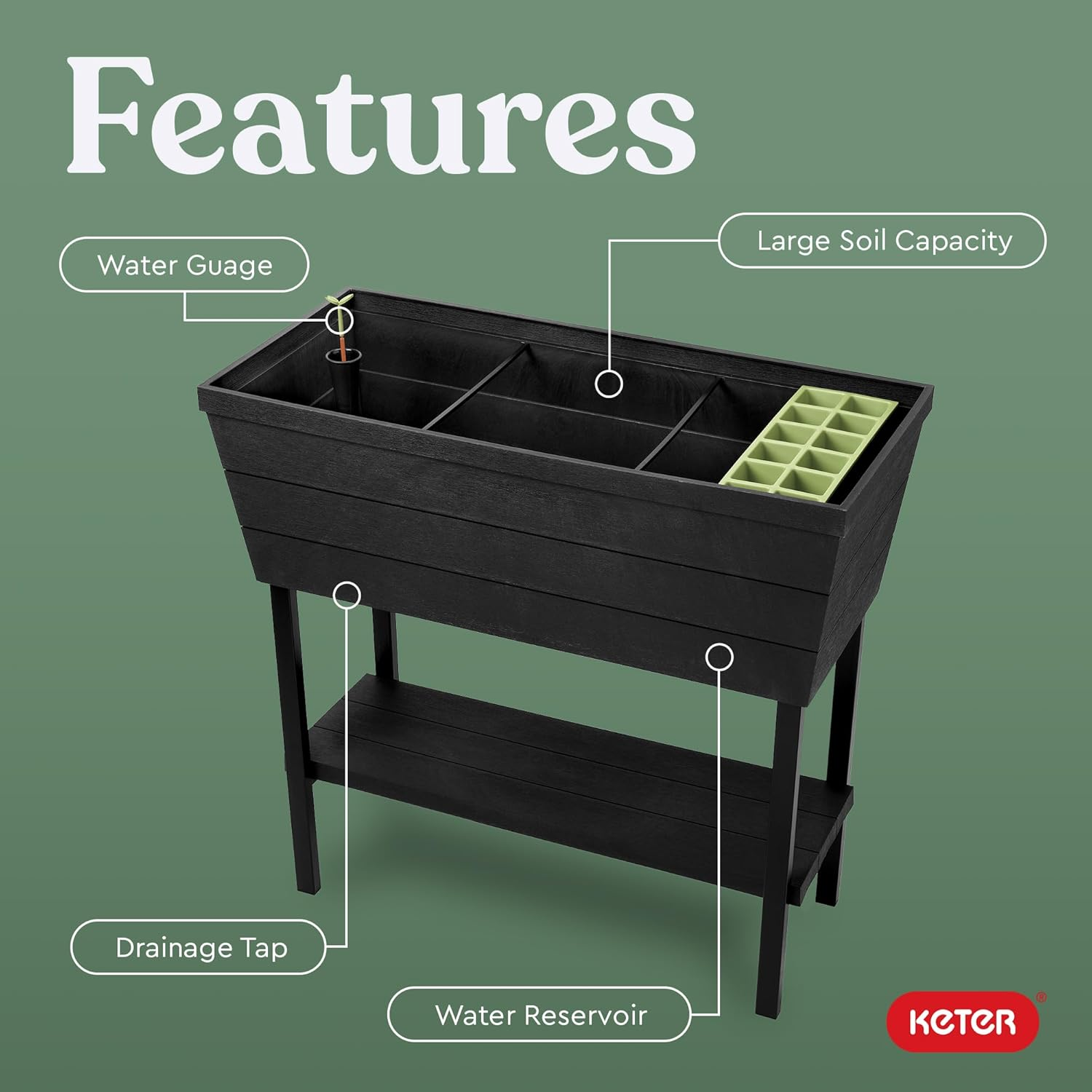 Keter Urban Bloomer 12.7 Gallon Raised Garden Bed and Outdoor Herb Garden Planter with Self Watering Gauge and Drainage Plug, Dark Grey image number 1