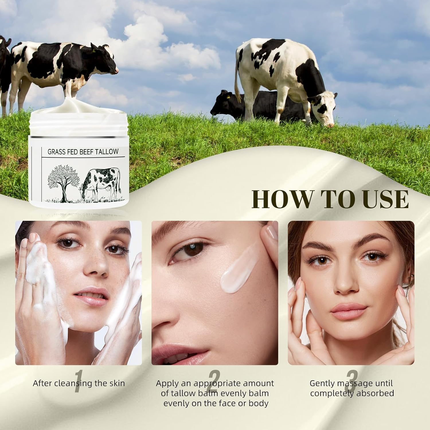 Beef Tallow for Skin, Grass Fed Beef Tallow Grass Finished Organic Tallow Face Moisturizer, Beef Tallow, Beef Tallow Balm Whipped Tallow Face Cream Moisturizer for Body Lotion Skin Care (1.7OZ) image number 2