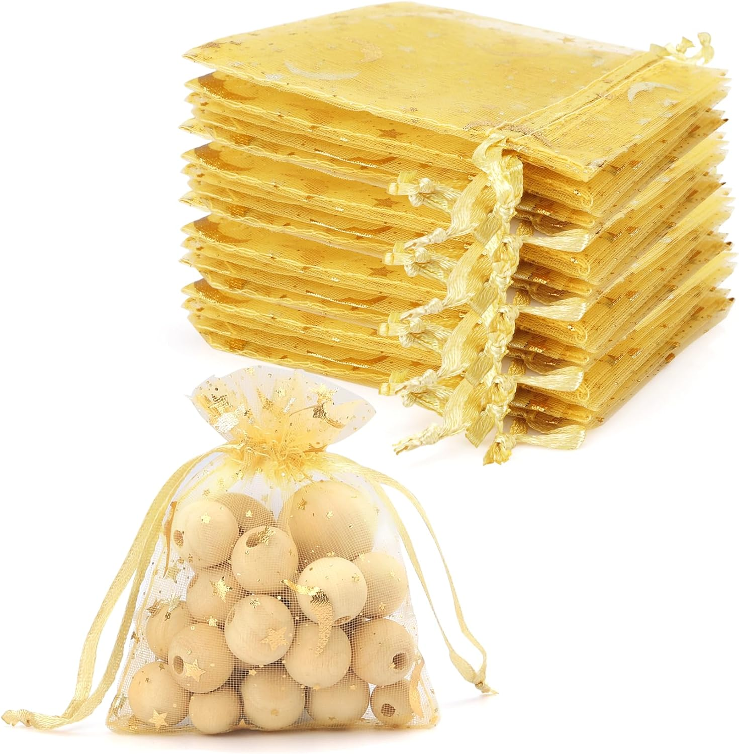 Stars and Moon Drawstring Organza Bags,50Pcs Golden Organza Gift Bags,Sheer Mesh Pouches for Jewelry Candy Presents Wedding Party Festival Favour Makeup Birthday Halloween Christmas Wrapping Supplie