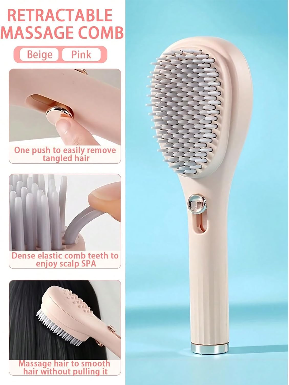 Telescopic Magic Comb,Scalp Cleaning Special Travel Portable Fluffy Massage Comb,Air Bag Hair Detachable Magic Brush,For Home,School,Travel,Barber Shop (Pink) image number 6