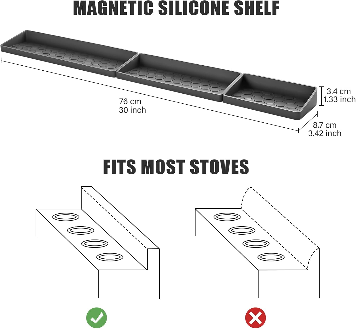 HOOMTREE 30 Inch Stove Top Shelf,Magnetic Silicone Shelf for Stove Top,Segmented Spice Storage Rack Kitchen Organization Shelf,Over Stove Spice Rack Organizer,Stovetop Storage Kitchen Gadgets (Grey) image number 2