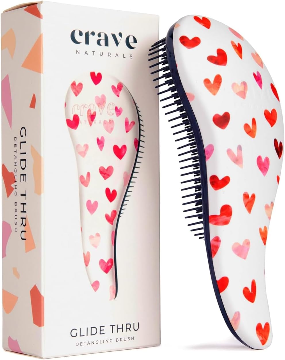 Crave Naturals Glide Thru Detangling Hair Brush for Adults and Kids Hair - Detangler Brush for Curly, Straight, Wet or Dry Hair - Hairbrush for Men and Women - Pink Hearts