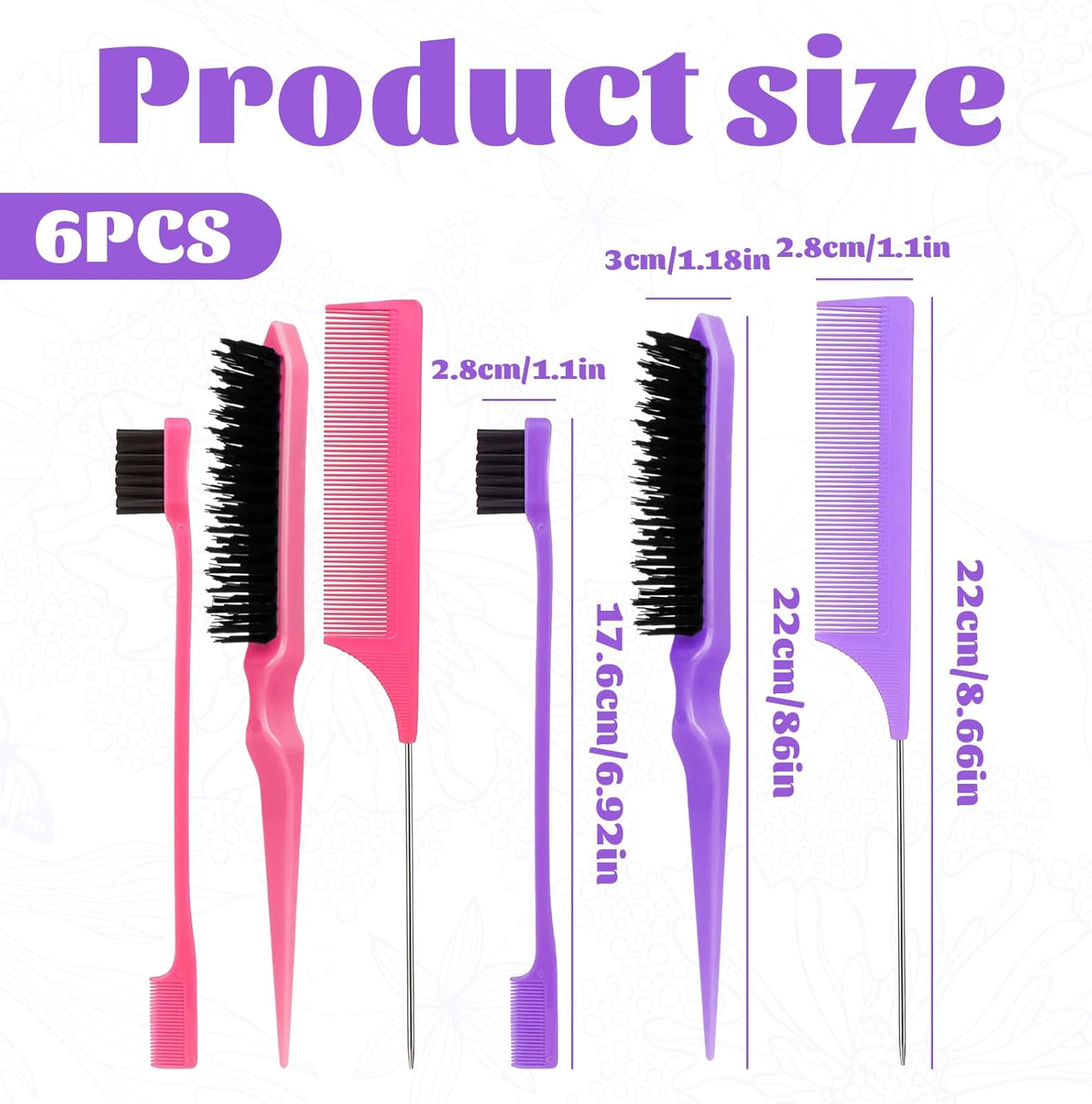 Slick Back Brush, 6 Pcs Slick Brush Set, Slick Hair Brush, Bristle Hair Brush, Rat Tail Comb, Edge Brush, Hair Styling Tools for Women Parting Comb Styling Tools & Appliances (Pink & Purple) image number 3