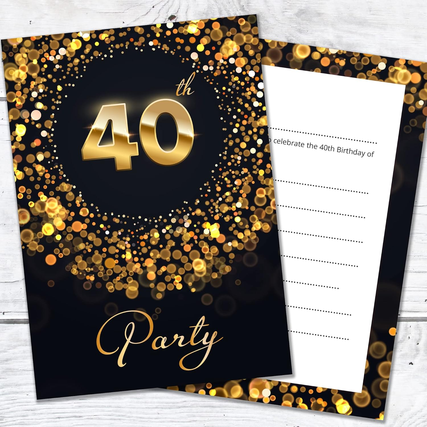 Olivia Samuel 20 X 40Th Birthday Party Invitations with Envelopes - Ready to Write - Black and Gold Effect - Designed and Printed in the UK image number 3