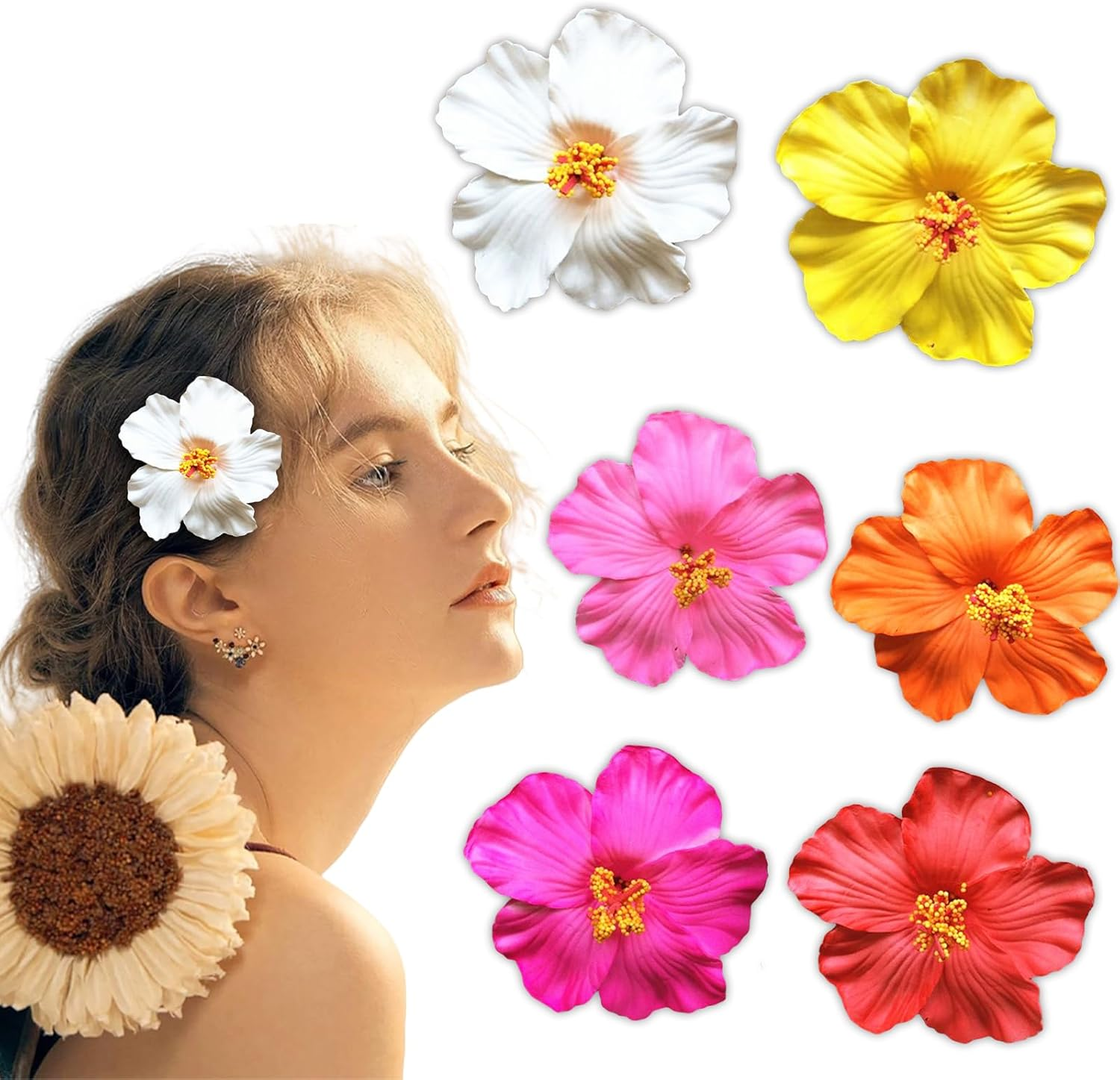 Elevapulse Pack of 6 Hawaii Flower Hair Clips, Hawaii Outfit Women'S Accessories, Hair Clips with Hawaiian Flowers for Women, Flower Hair Clip Set for Beach Party, Beach Holidays and Weddings, 10 Cm image number 2
