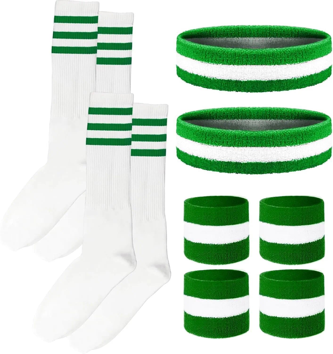 10-Piece 80S 90S Retro Stripe Sweatband & Socks Set - Wristbands and Headbands for Men & Women, Sports Fitness Accessories