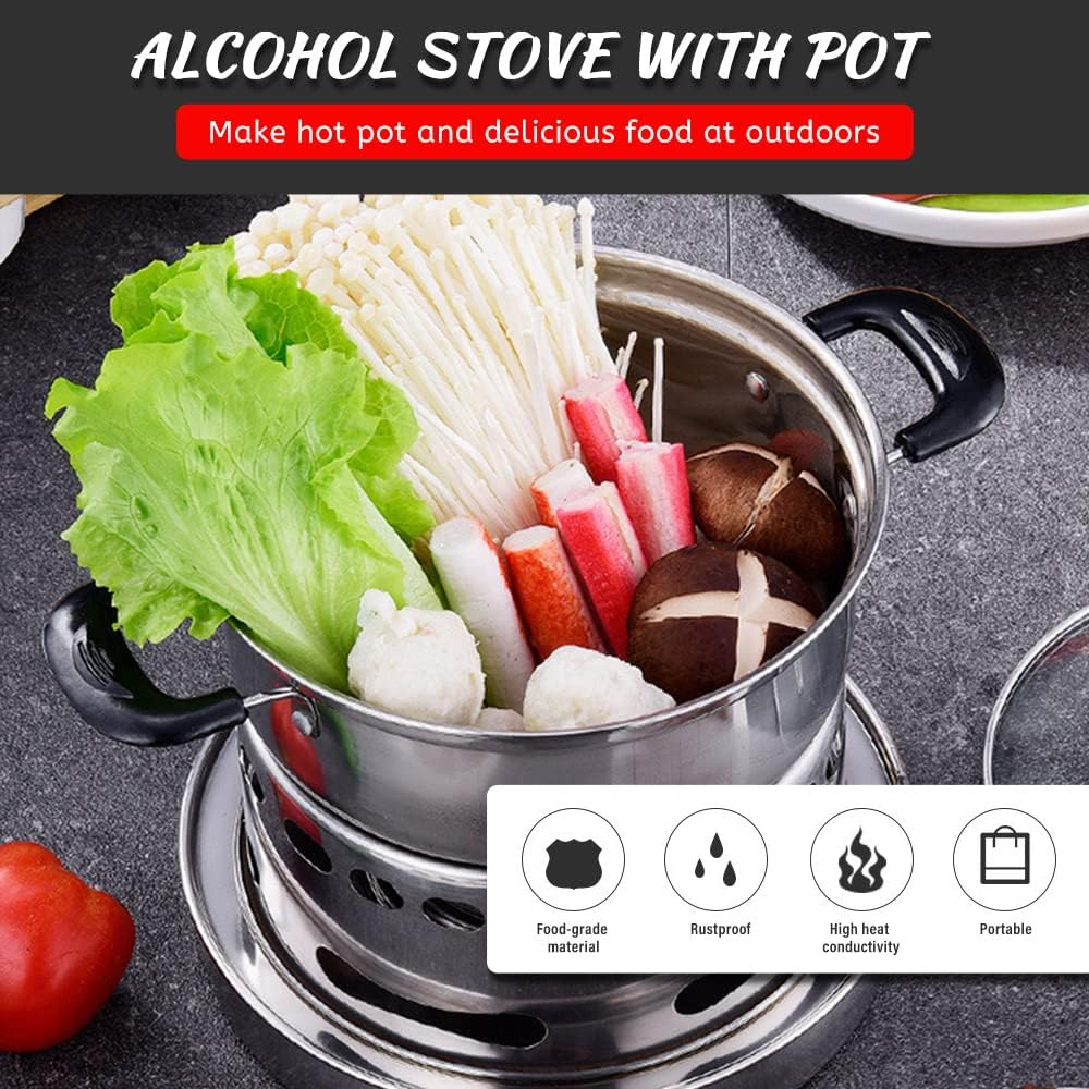 Alcohol Stove with Pot, Camping Stoves Set, Hot Pot Alcohol Stove, Portable Stainless Steel Alcohol Burning Stove for Cooking Barbecue Camping Hiking Picnic (16CM)