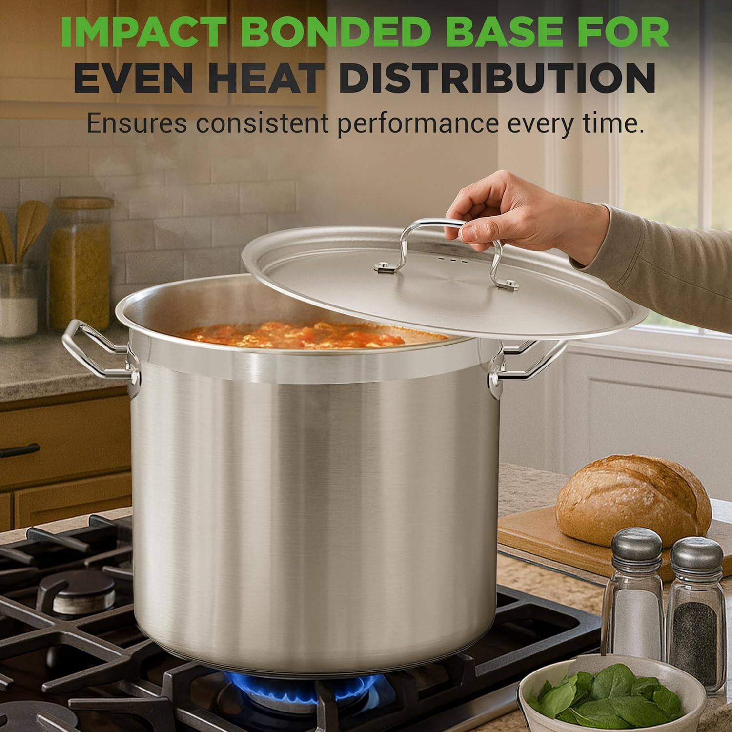 Stainless Steel Cookware Stockpot, 35 Quart Heavy Duty Induction Soup Pot with Stainless Steel Lid and Strong Riveted Handles, Even Heat Distribution, Compatible with Most Cooktops image number 3