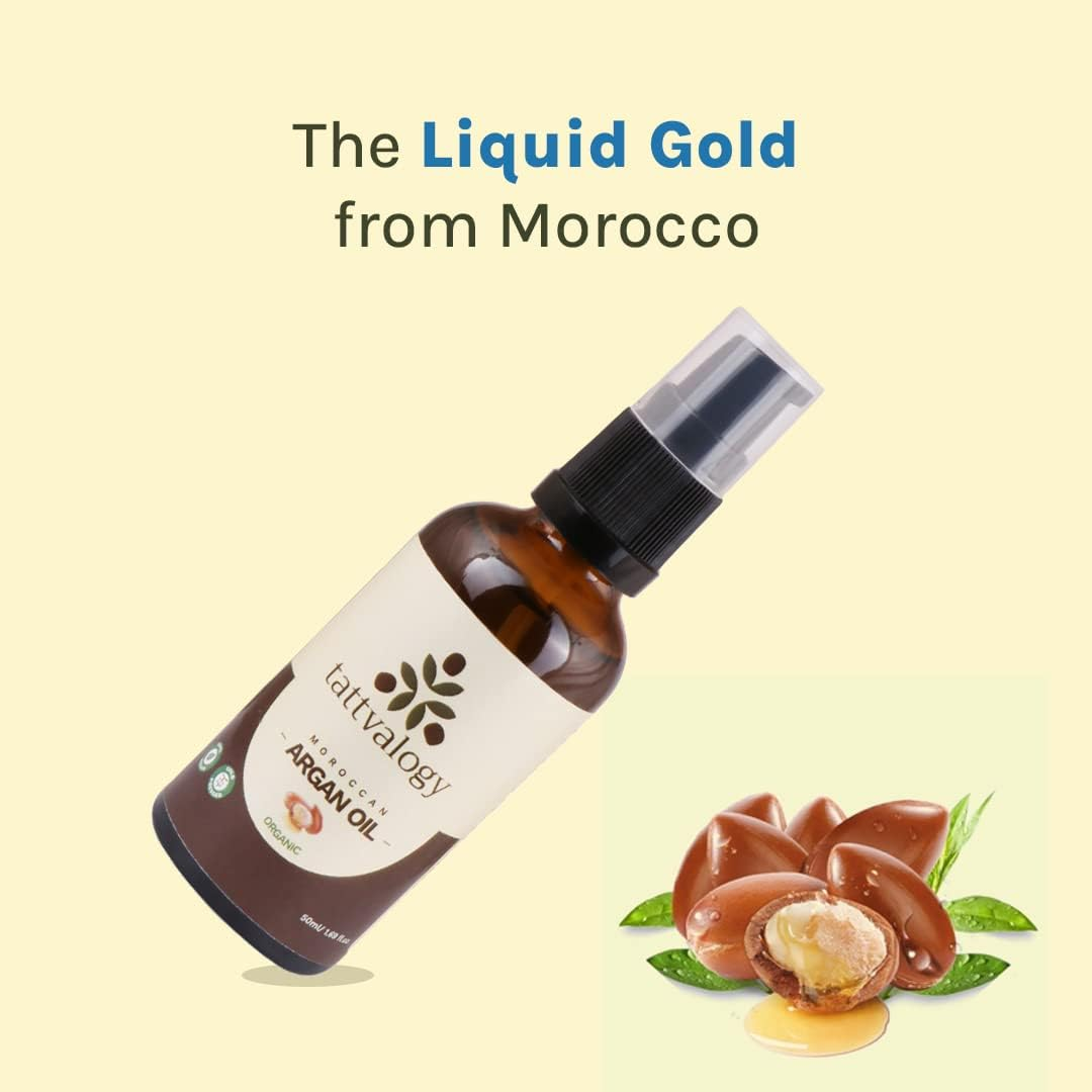 Tattvalogy Moroccan Argan Oil | Certified & Organic | Unbleached & Unrefined | Non Sticky Hair Oil | for Healthy Hair & Skin Nourishment | Chemical Free | in Glass Bottle Packaging - 50 ML image number 1