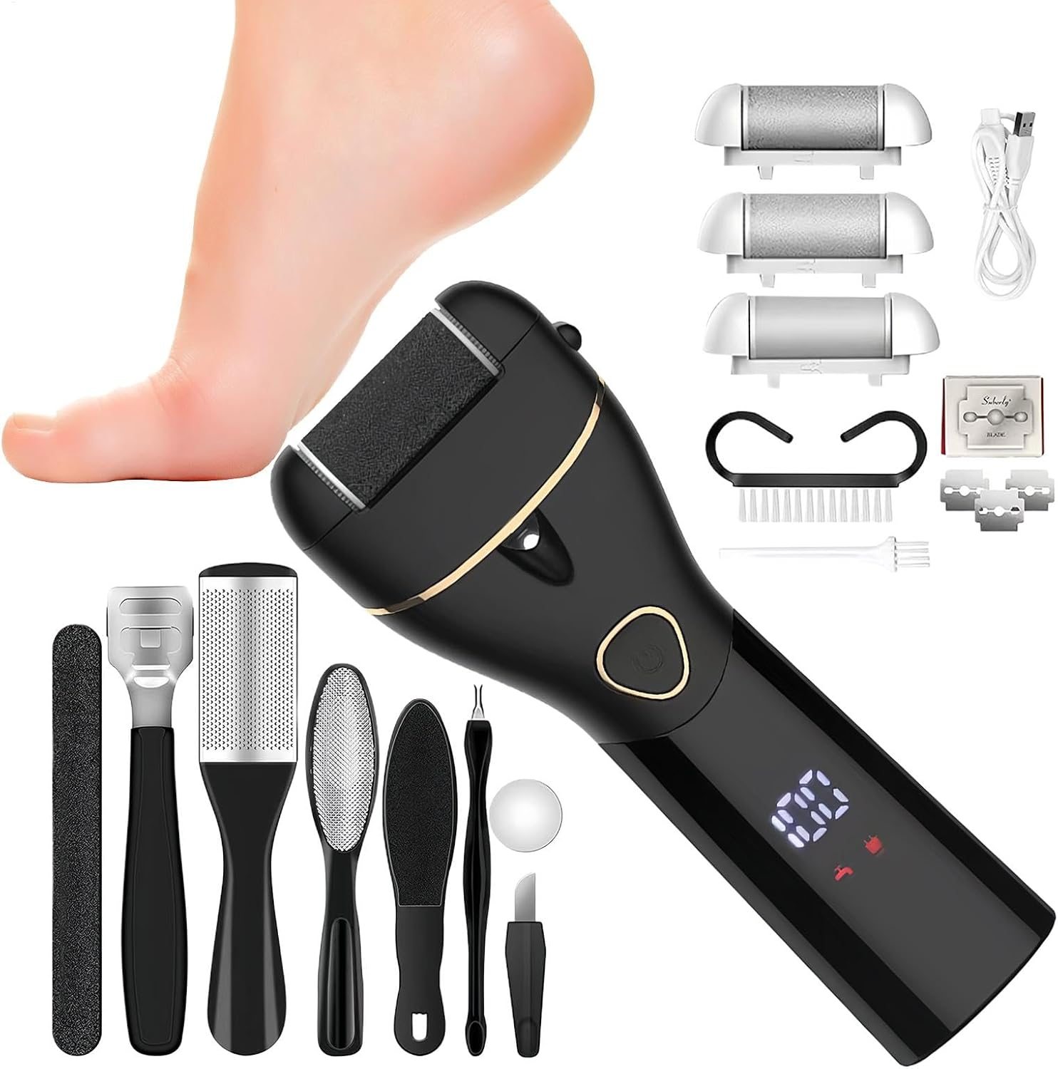 Foot File Callus Remover | Rechargeable Foot Scrubber Dead Skin Remover,Calloused Feet Remover Tool, Foot Care Kit for Thick Calluses, Rough Skin, Cracked Dry Skin
