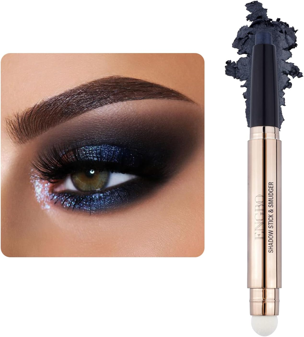 LOKFAR Eye-Shadow Stick Makeup Cosmetics Eye Brightener, Rotatable Cream Eye Shadow Pencil, Glitter Shimmer Eyeshadow Stick with Sponge Smudger for Eye Makeup (12# Smoky Gray-Black) image number 5