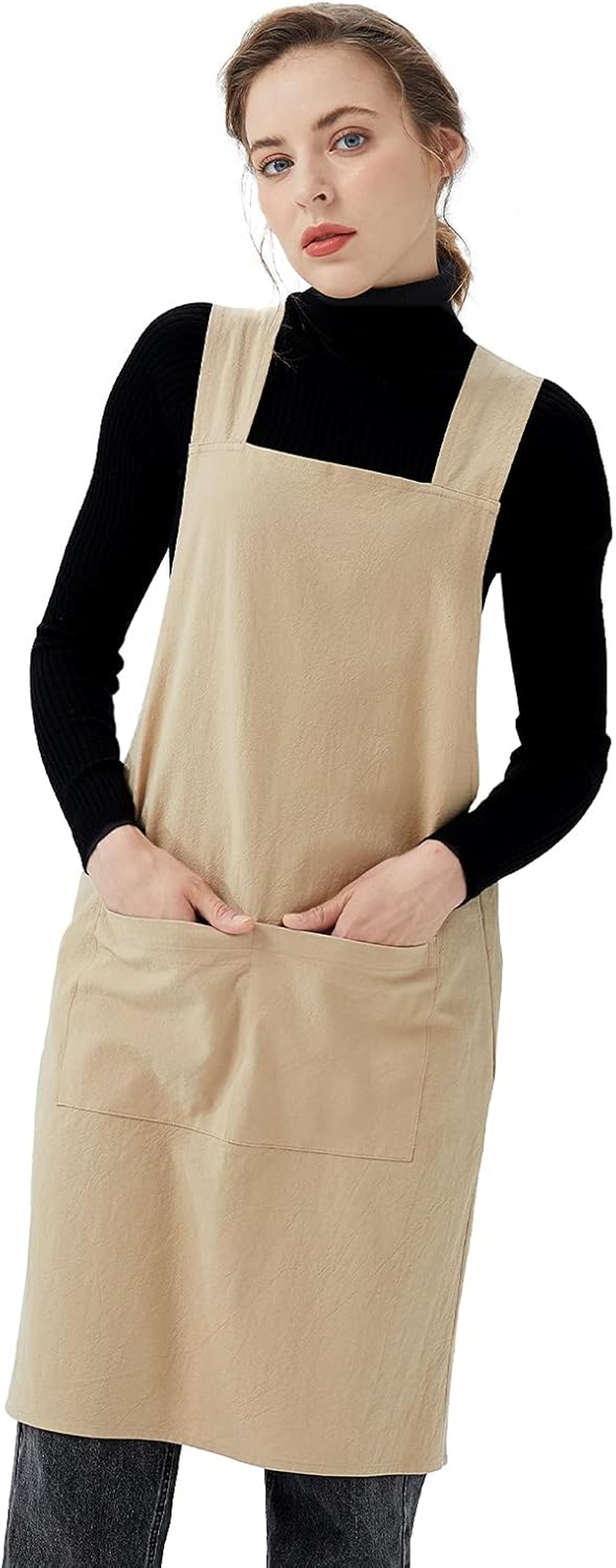 Surblue Cotton Linen Cross Back Aprons Solid Color Unisex Pinafore Vintage Apron Japanese Style with 2 Pockets for Kitchen Cooking Baking Painting Gardening Cleaning for Women Men