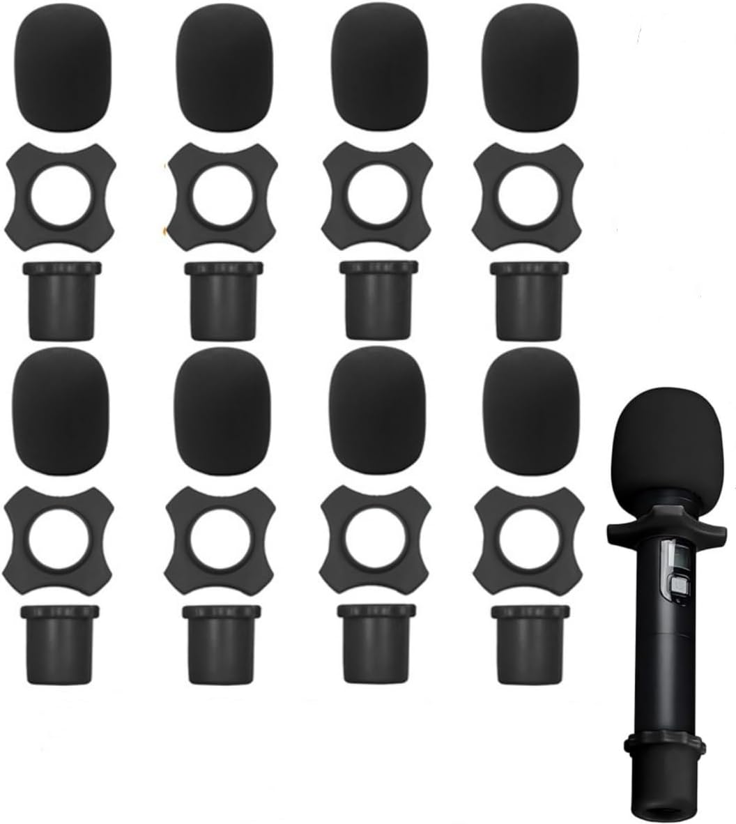 8 Set Microphone Windscreen Foam Covers, Shakeproof Anti-Rolling Mic Protection Silicone Ring, Wireless Handheld Microphone Bottom Rod Sleeve Holder, for KTV, Recording Studio (Black)