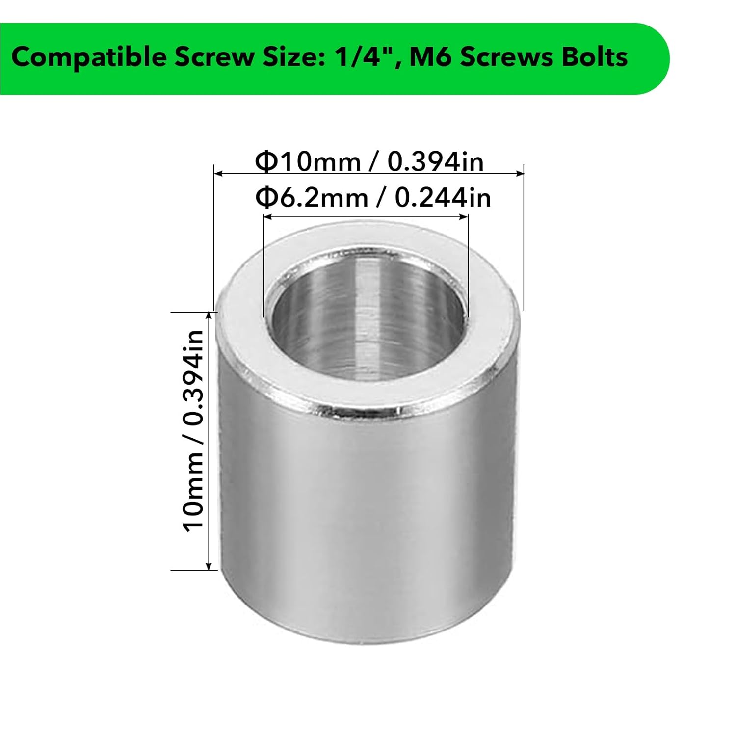 MAEZOE 10-Pack M6 Stainless Steel Spacers, Metal Spacer 6.2Mm ID X 10Mm OD X 10Mm L Spacer Screw Standoff round for 1/4" or M6 Screw Bolts image number 1