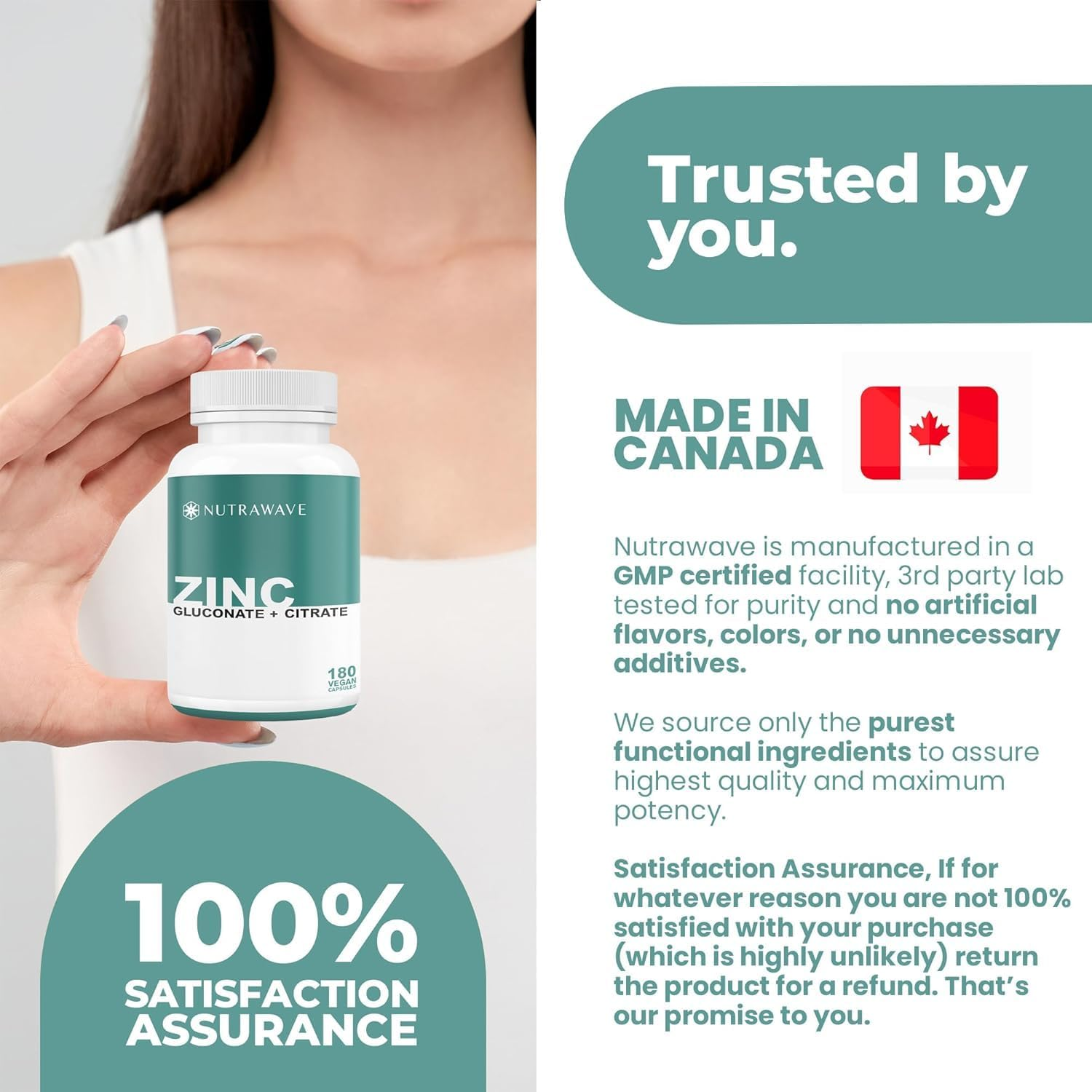 Nutrawave 2-In-1 Zinc Supplement | 50Mg Zinc Gluconate + Citrate | All Natural Formula | Vegan | 6-Month Supply image number 2