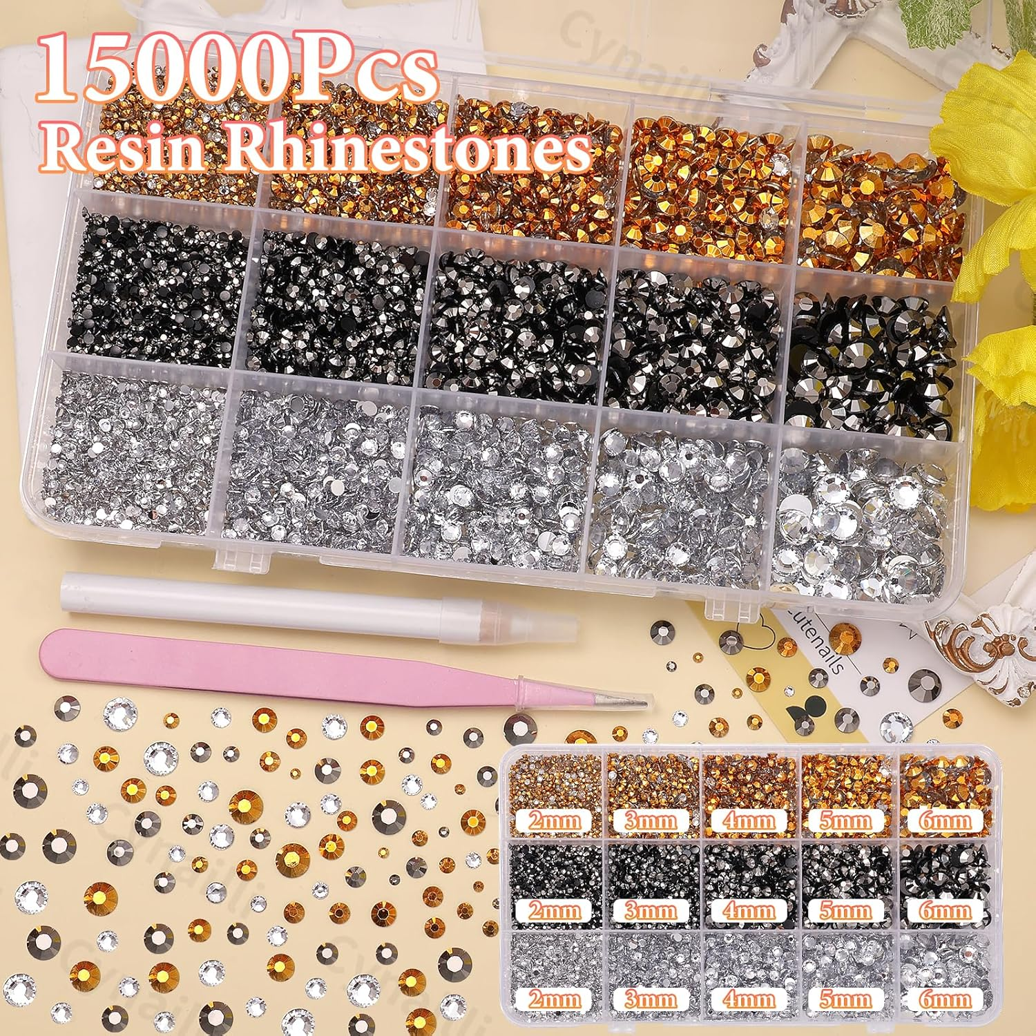 15000 Pcs Resin Rhinestones for Crafts, Black Silver Brown Flatback Resin Rhinestones for Bedazzling Gems 2/3/4/5/6Mm Flatback Gems Jewels for DIY Mugs Tumblers Bottles Clothing Shoes Nail Art