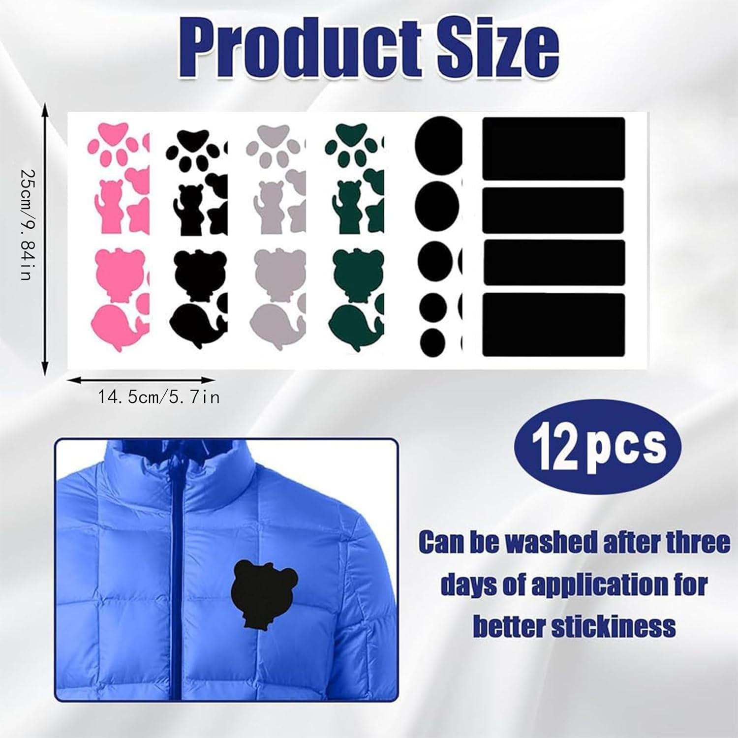 12 Sheets Repair Patches for down Jackets,Non-Marking Repair Torn Hole Patch Sticker,Waterproof Fabric Repair Patch,Multi Sizes & Shapes,For Coat Clothing Tent Sleeping Bags Ski Pants Holes Fixing image number 4