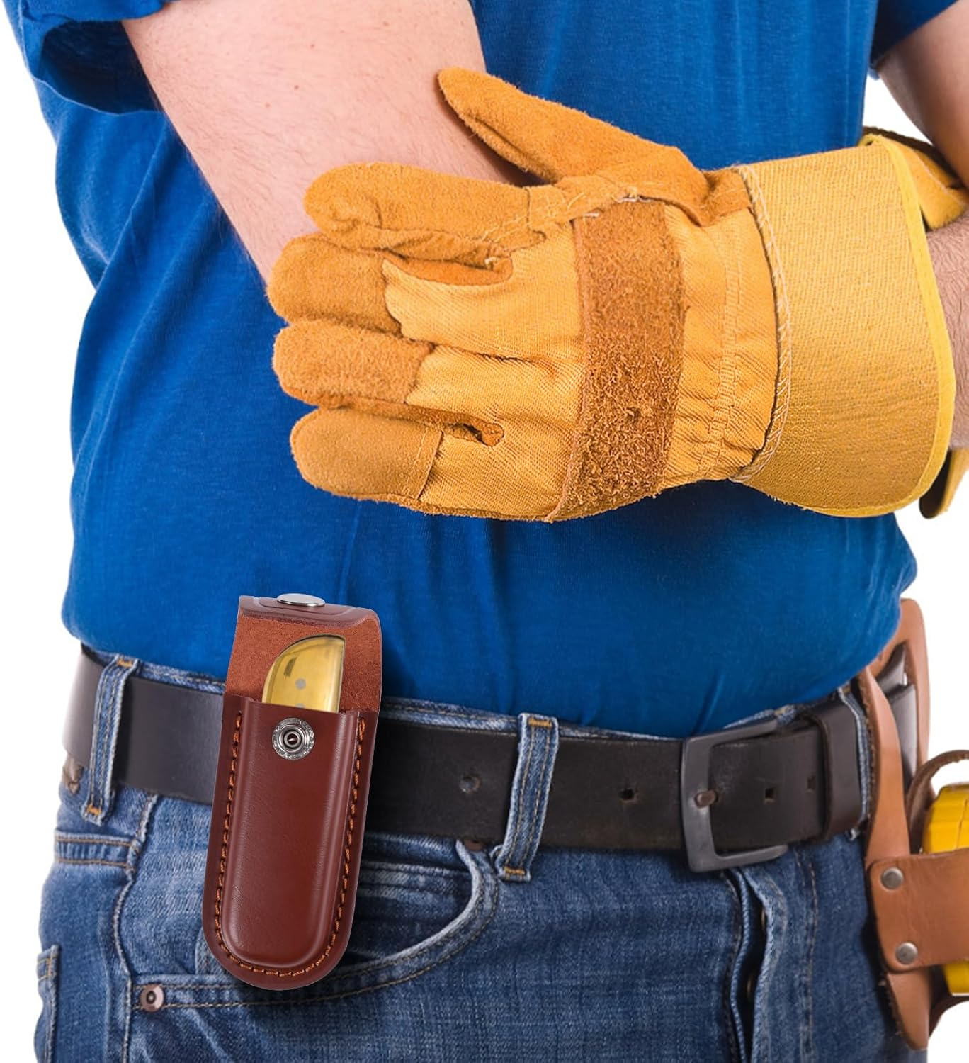 Leather Knife Sheath for Belt, 4.84X2.05 Inch Folding Leather Knife Holder Portable Pocket Knife Sheath Practical Knife Holster for Cycling, Hiking, Mountaineering, Camping (Brown) image number 6