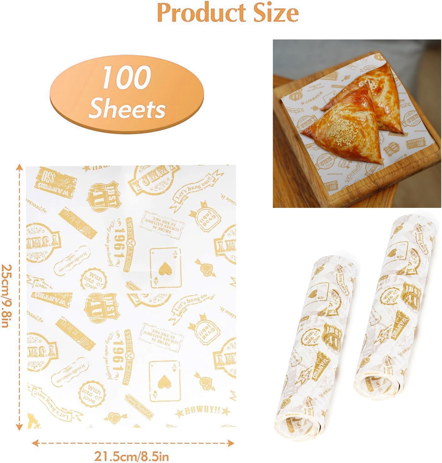 Xinghonyac 100 Pcs Food Grade Wrap Paper, Greaseproof Sandwich Wrap Paper, Baking Wrapping Paper, Food Wrapping Paper, Deli Paper Wax Paper for Sweets, Cakes, Cheese, Chips, Cookies, Sandwiches (C) image number 3